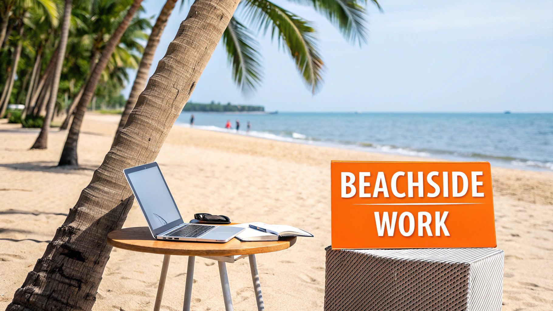 A laptop, notebook, and sunglasses on a table under a palm tree on a sunny beach, with a "BEACHSIDE WORK" sign.