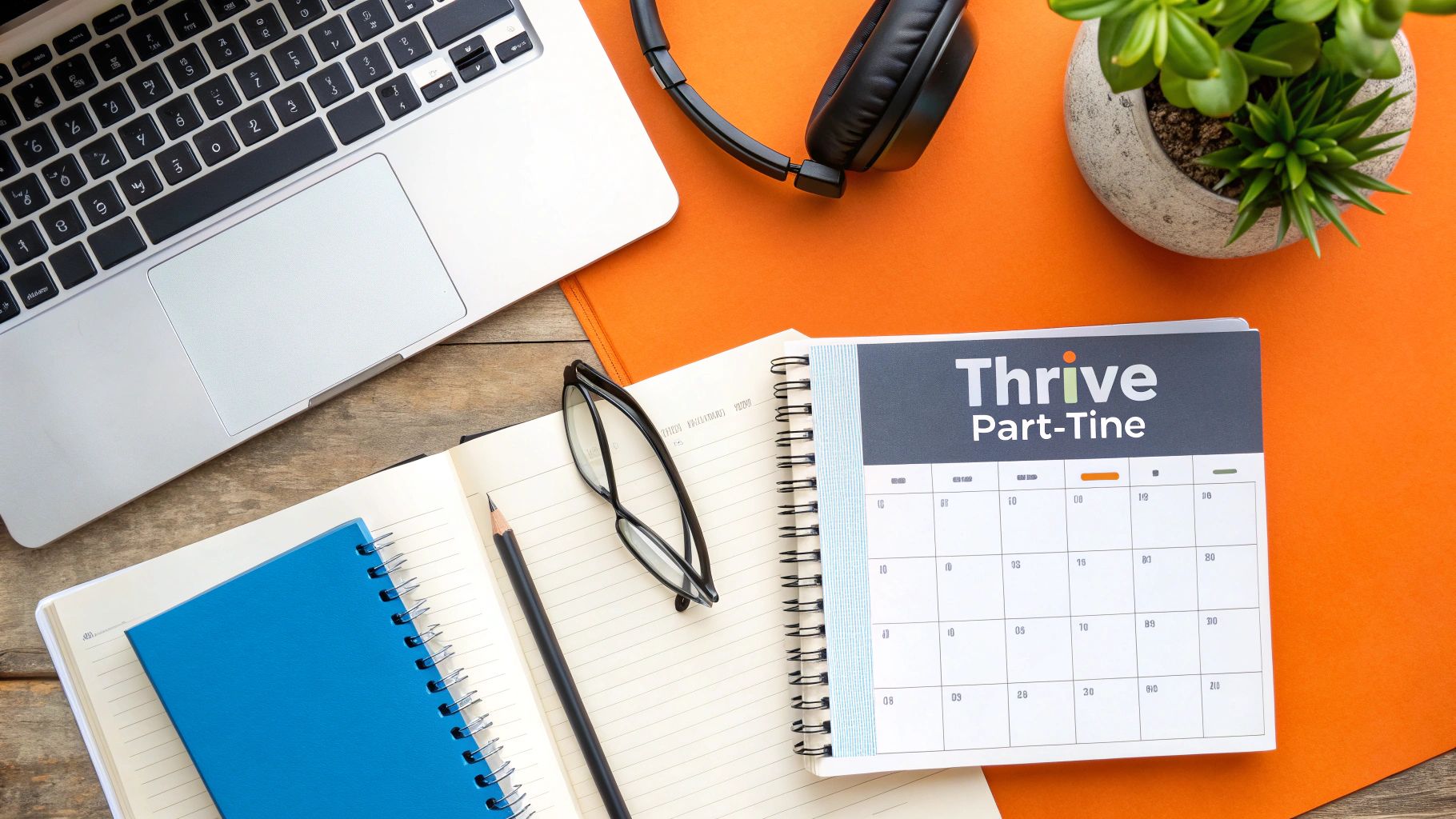 Overhead view of a remote work desk with a 'Thrive Part-Time' planner, laptop, and essentials.