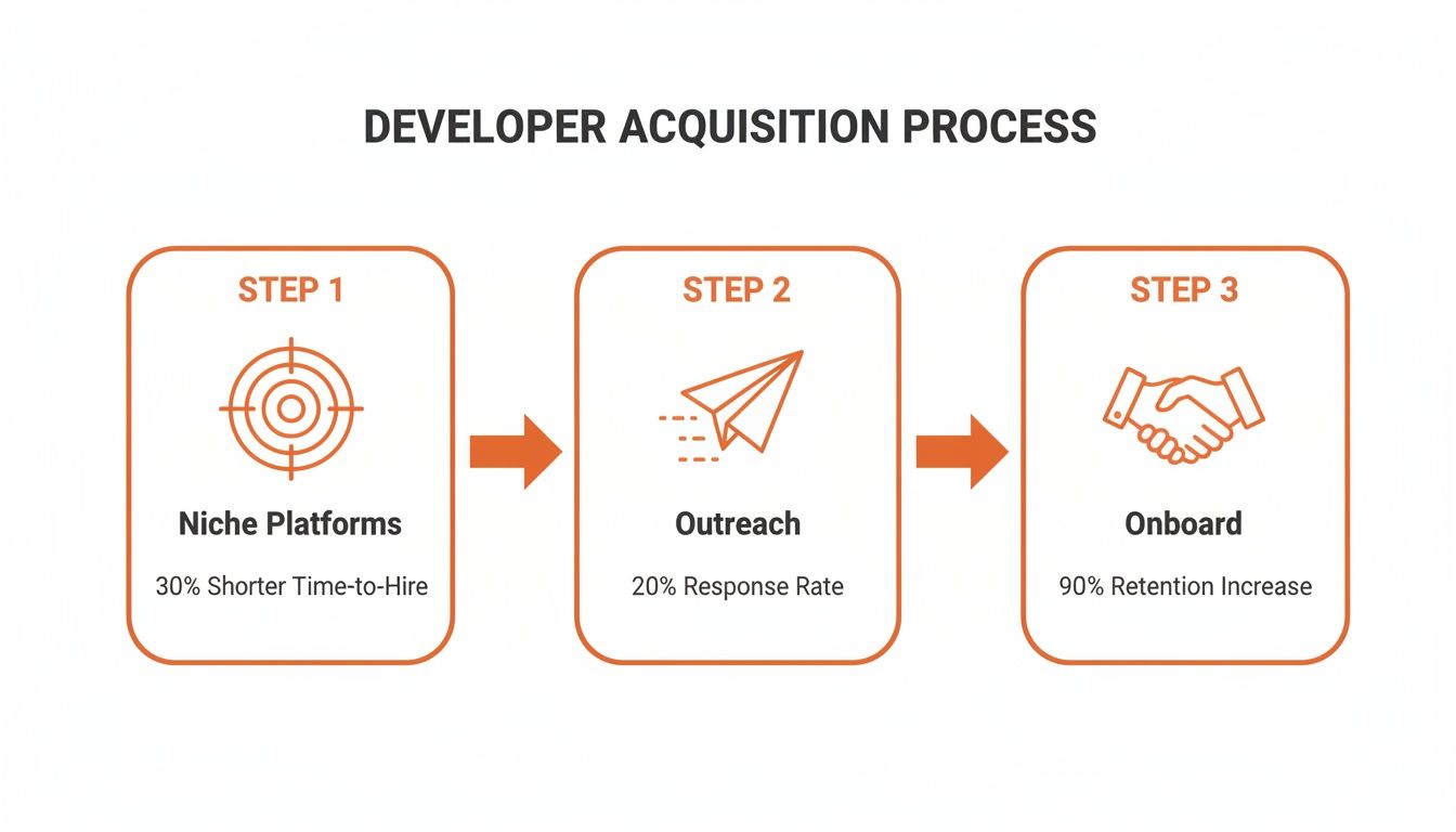 A three-step developer acquisition process showing Niche Platforms, Outreach, and Onboard with performance metrics.