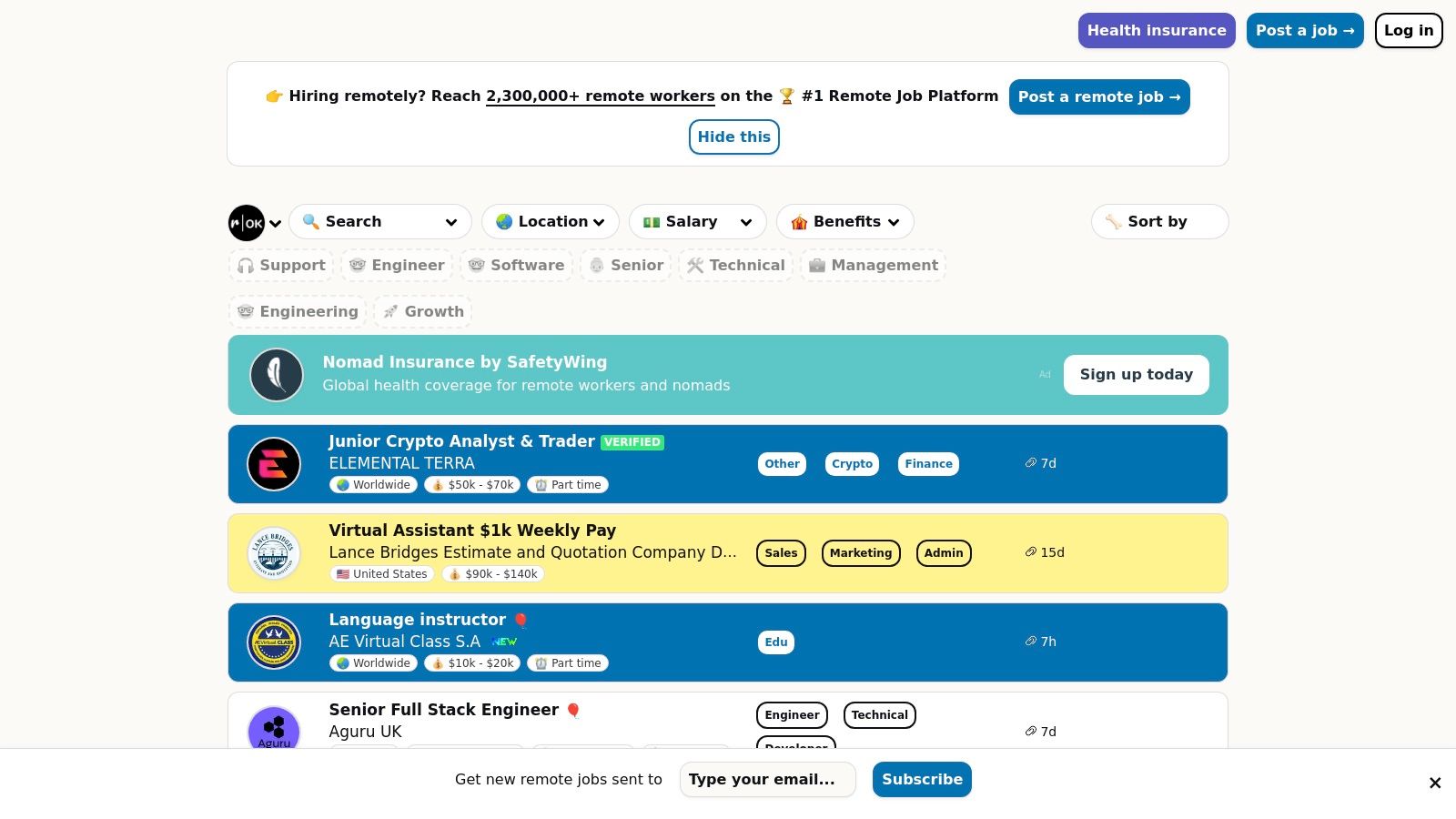 Remote OK interface showing remote job listings