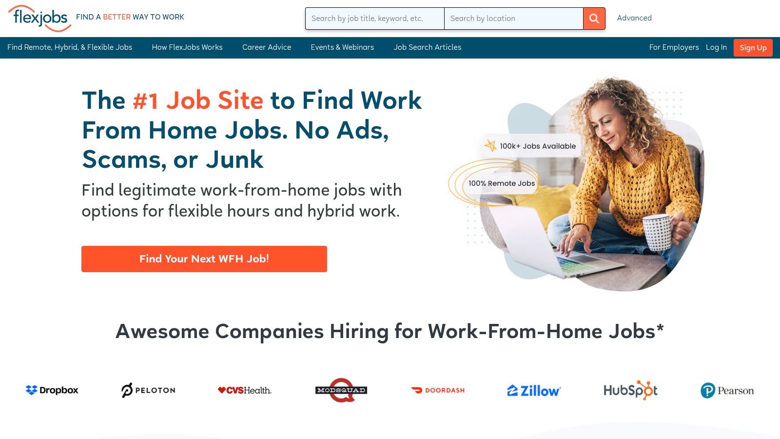 FlexJobs interface showing remote job listings