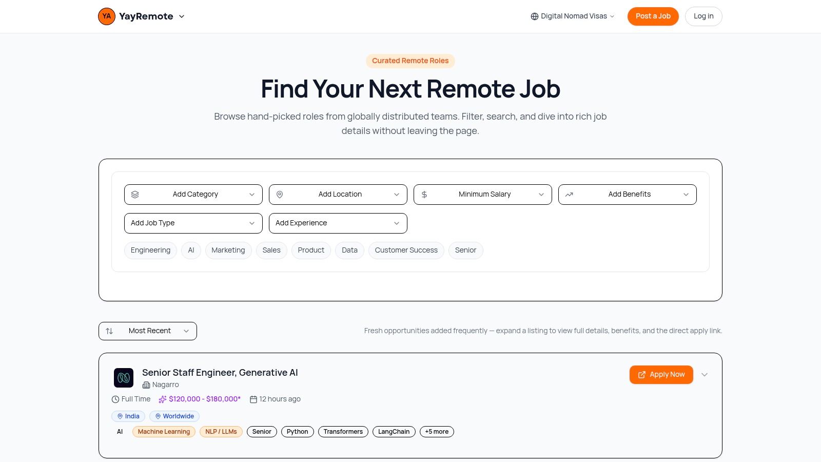 YayRemote interface showing remote job listings