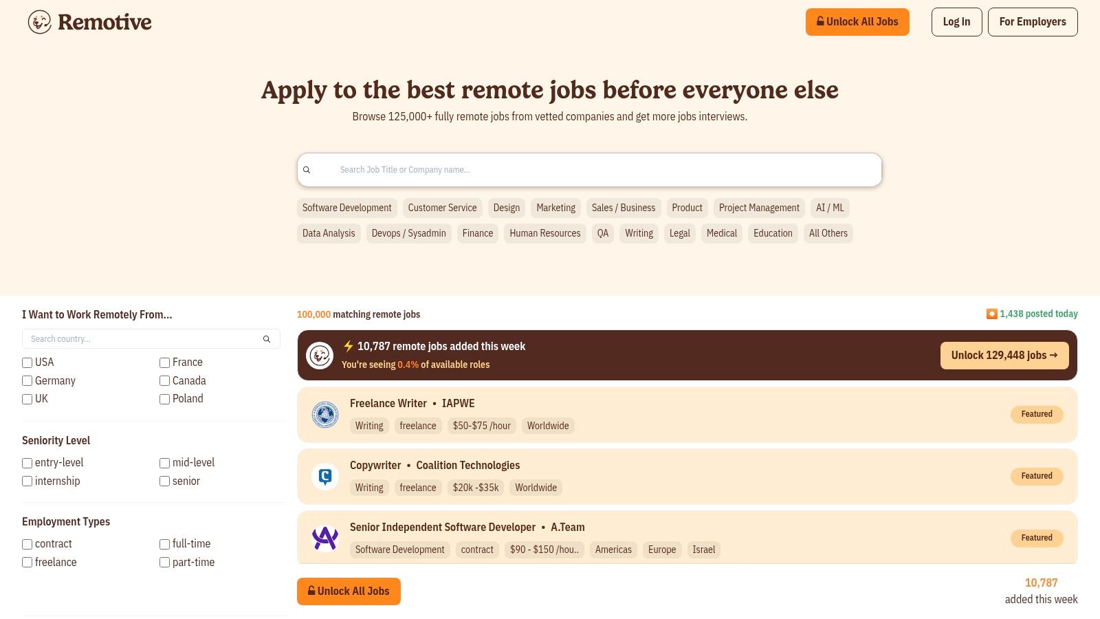 Remotive interface showing remote job listings