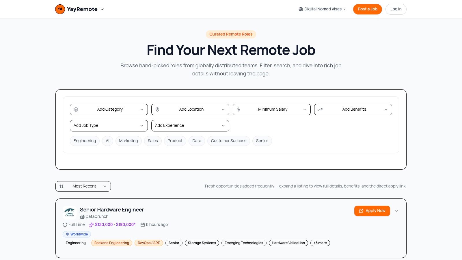 A screenshot of the YayRemote website showcasing its clean interface and job listings.