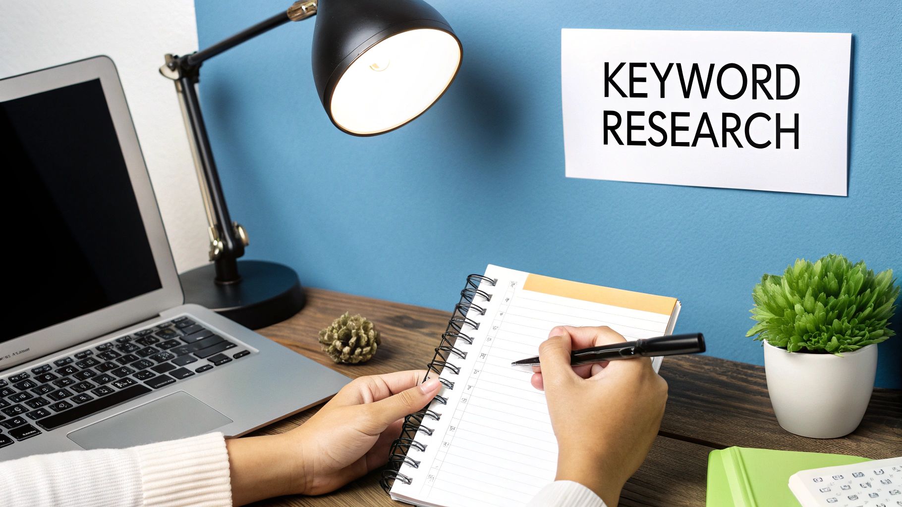 A person typing on a laptop with a lightbulb graphic overlaid, symbolising content creation and ideas.