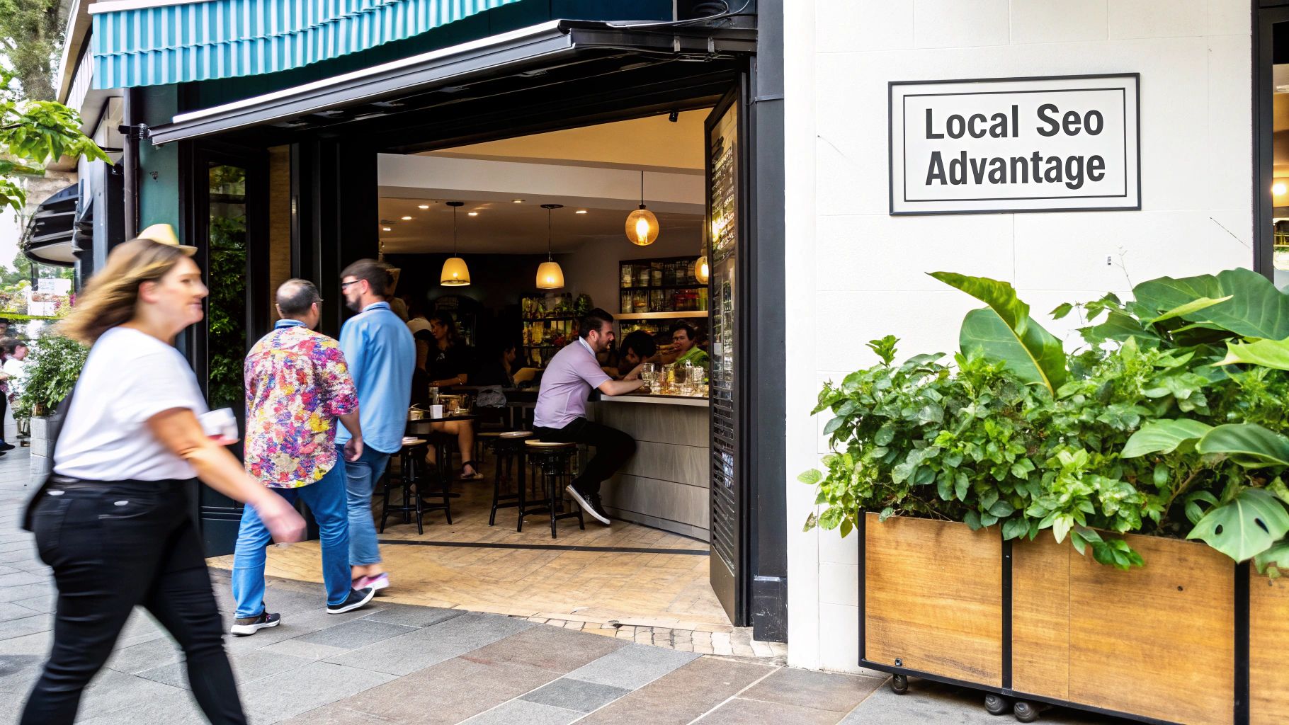 A bustling street in Brisbane, representing local businesses and their customers.