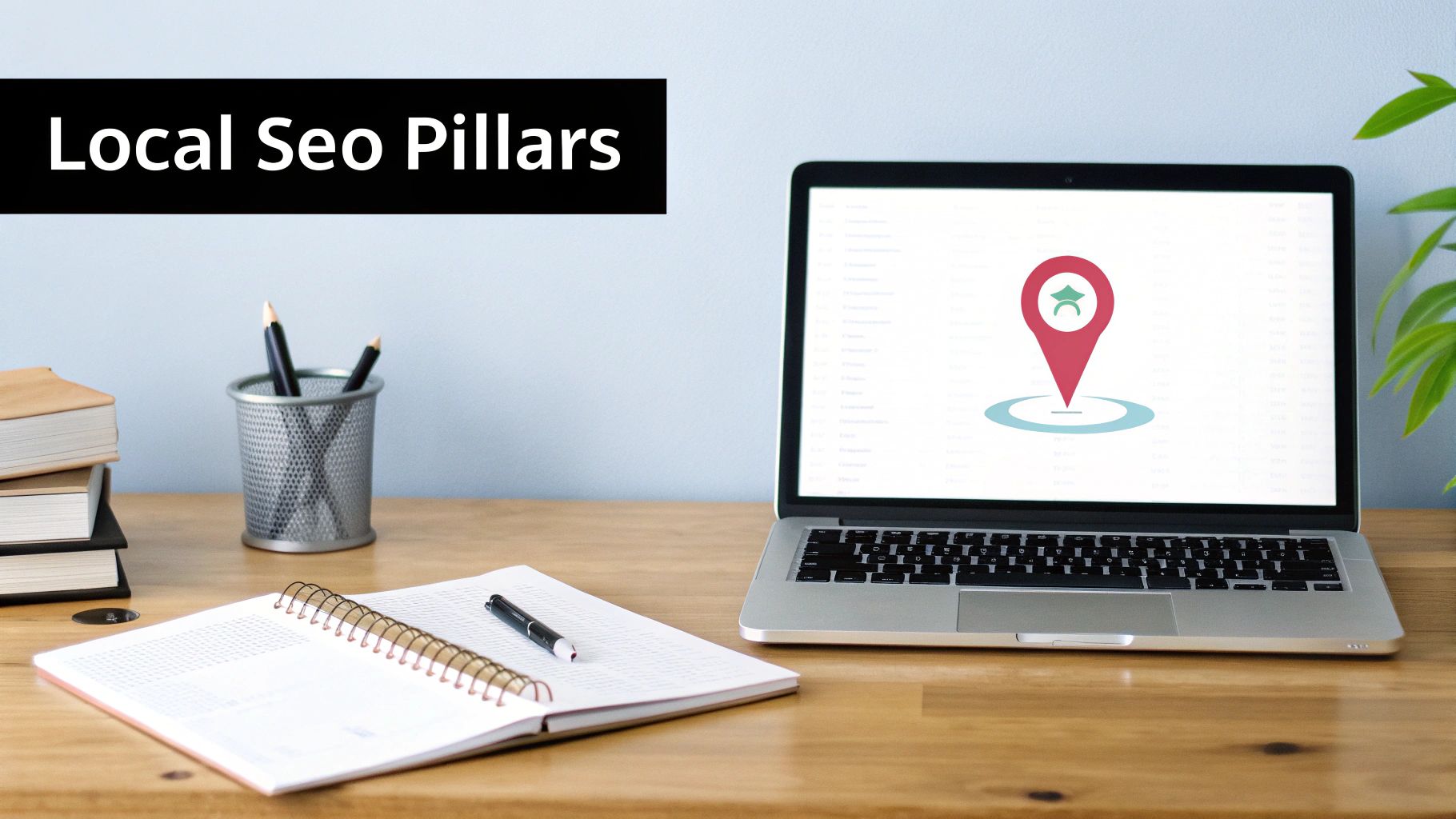 An image showing a digital blueprint with icons representing different SEO pillars like GBP, keywords, and links.
