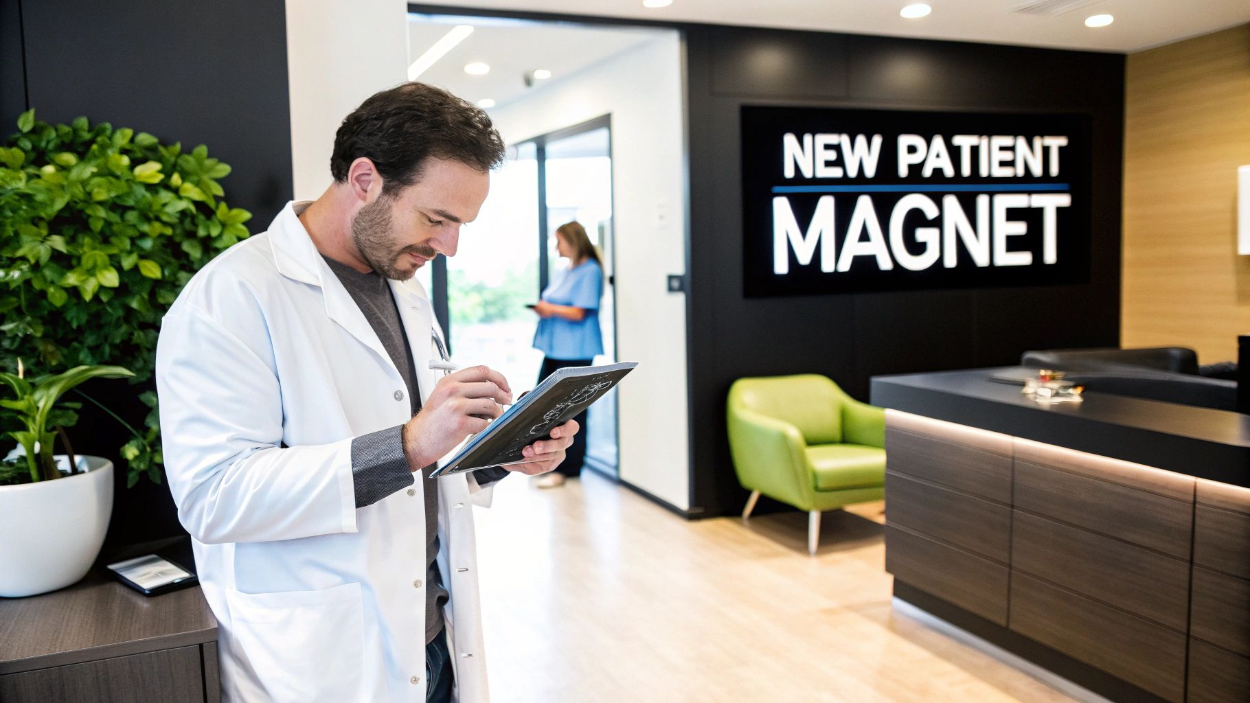 A dentist explaining a procedure to a patient using a tablet.