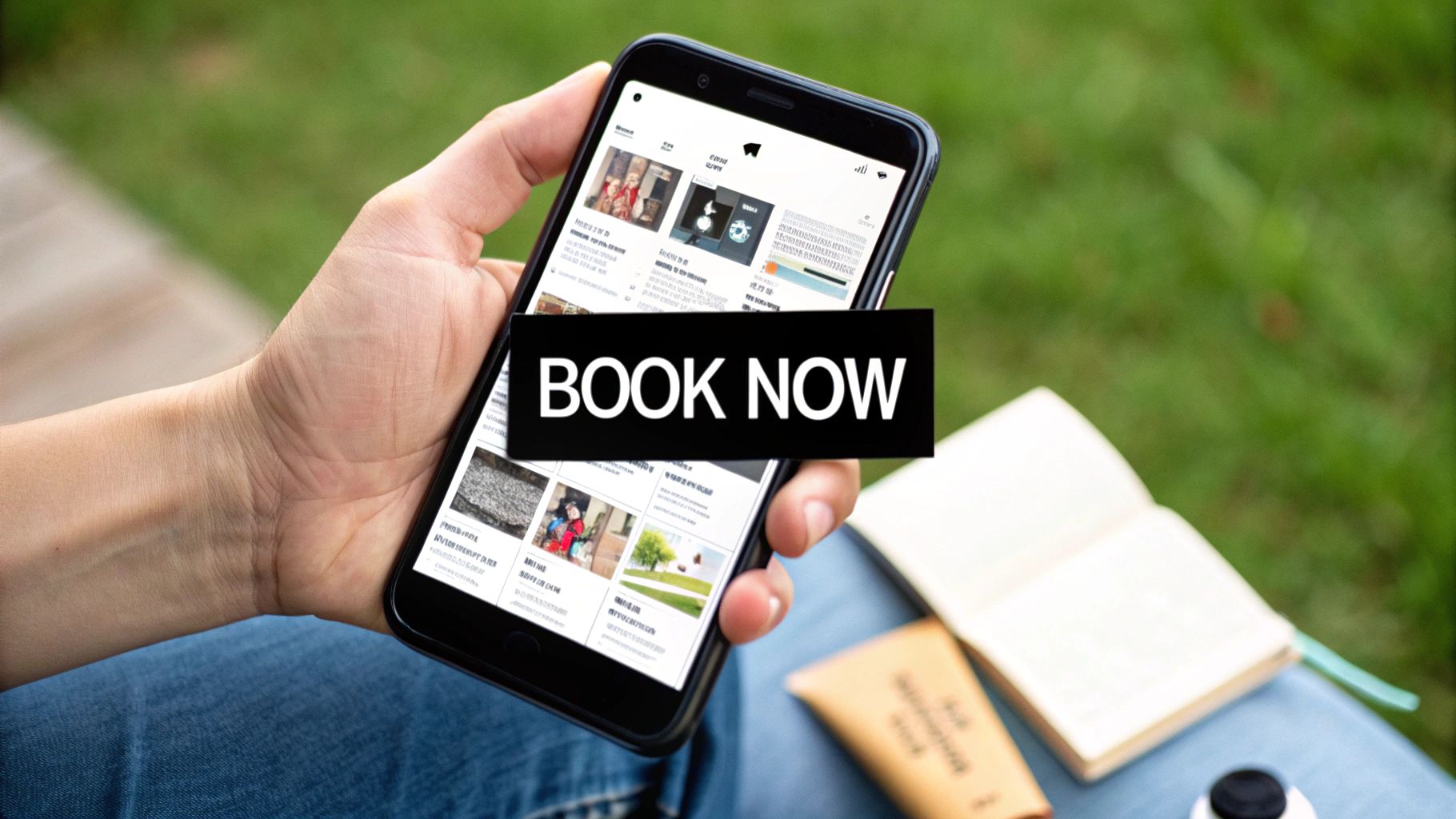 A close-up of a customer's hands using a smartphone to book an appointment on a business's Google Business Profile.