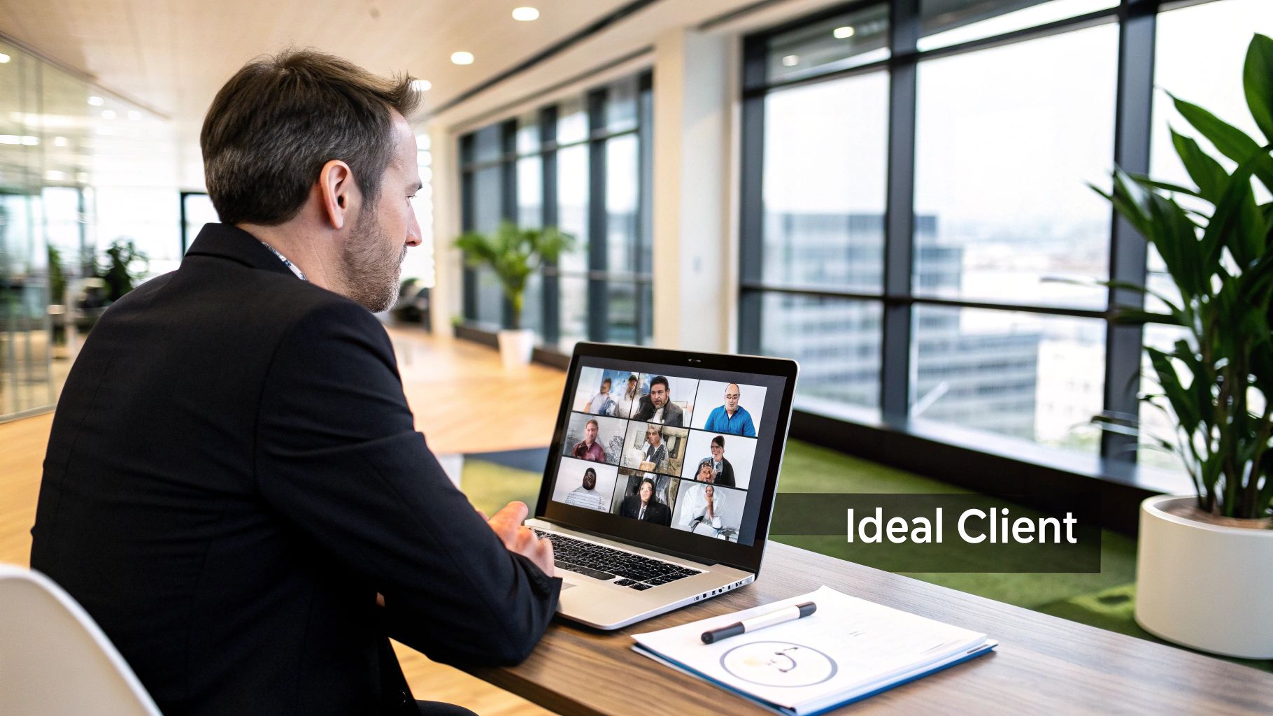 A person using sticky notes on a glass wall to brainstorm ideas, representing the process of defining an ideal client.