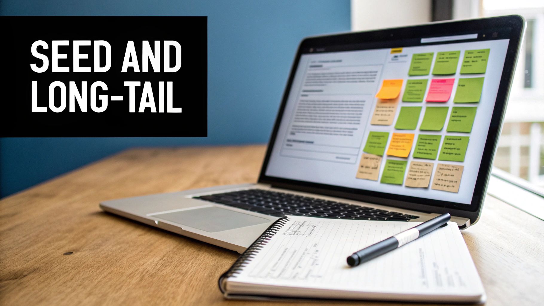 A person typing on a laptop with a lightbulb graphic overlay, representing keyword ideas