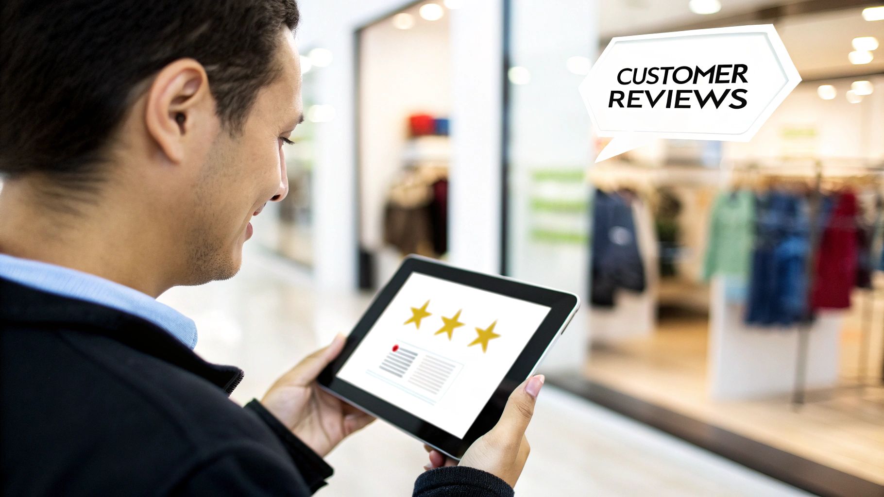 A five-star rating graphic with customer icons, symbolizing the importance of online reviews for local SEO.