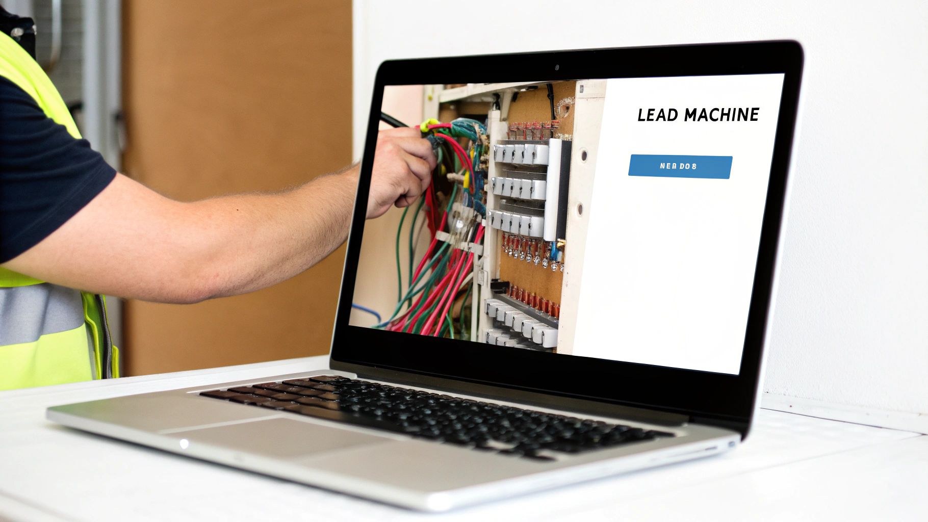 An electrician's website being viewed on a laptop, showing clear service pages and calls to action.