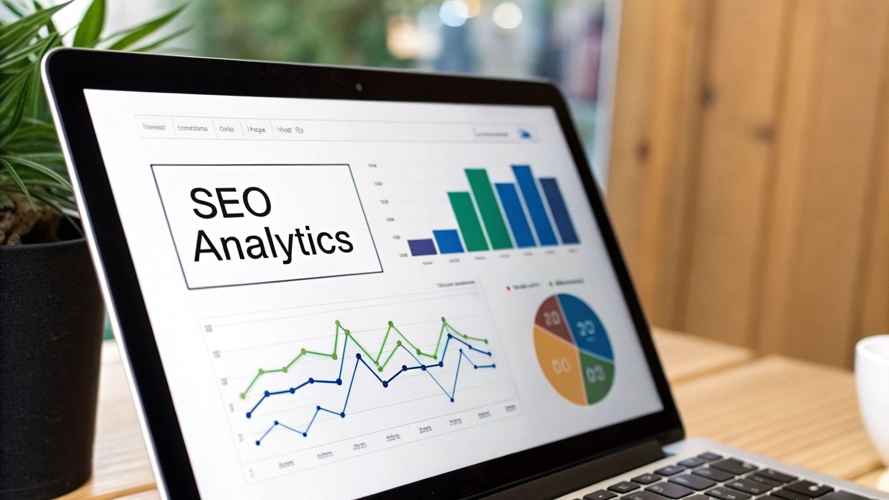 A dashboard showing key ecommerce SEO metrics like organic revenue, conversion rate, and keyword rankings.