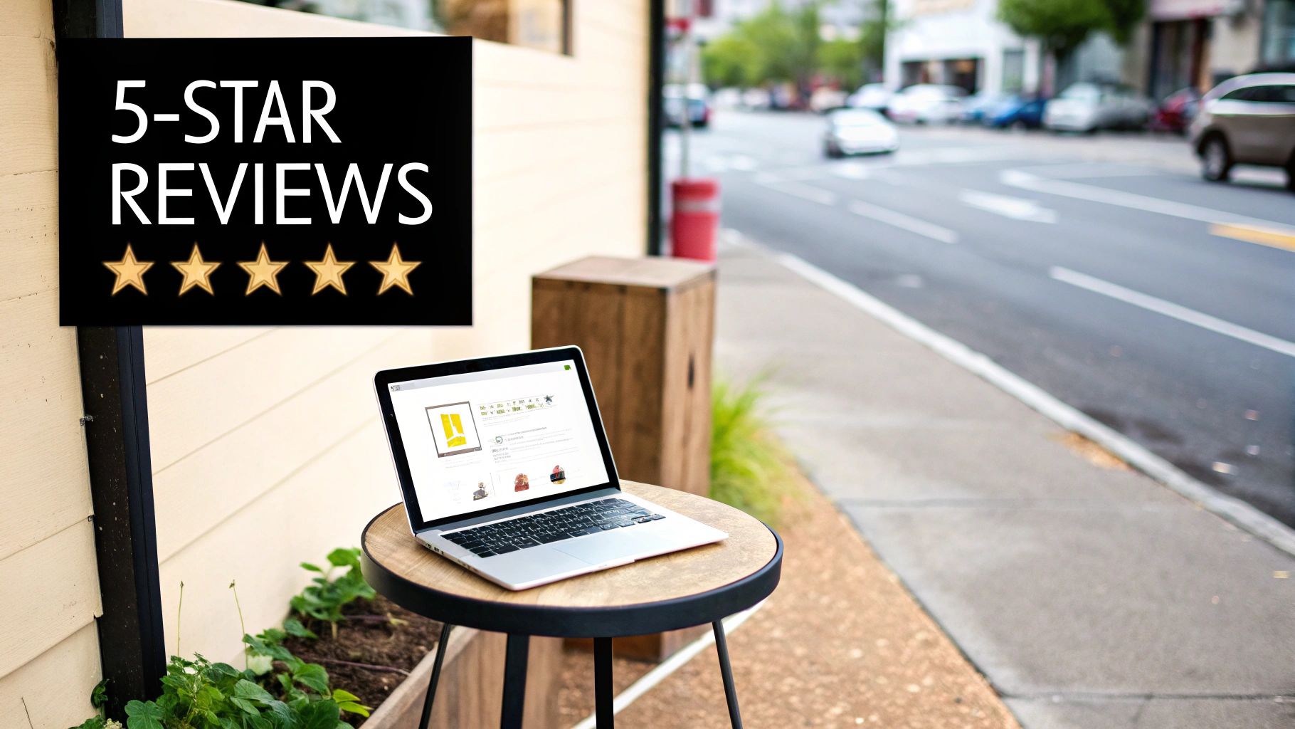 A customer leaving a positive five-star review on a smartphone, with other reviews visible in the background.