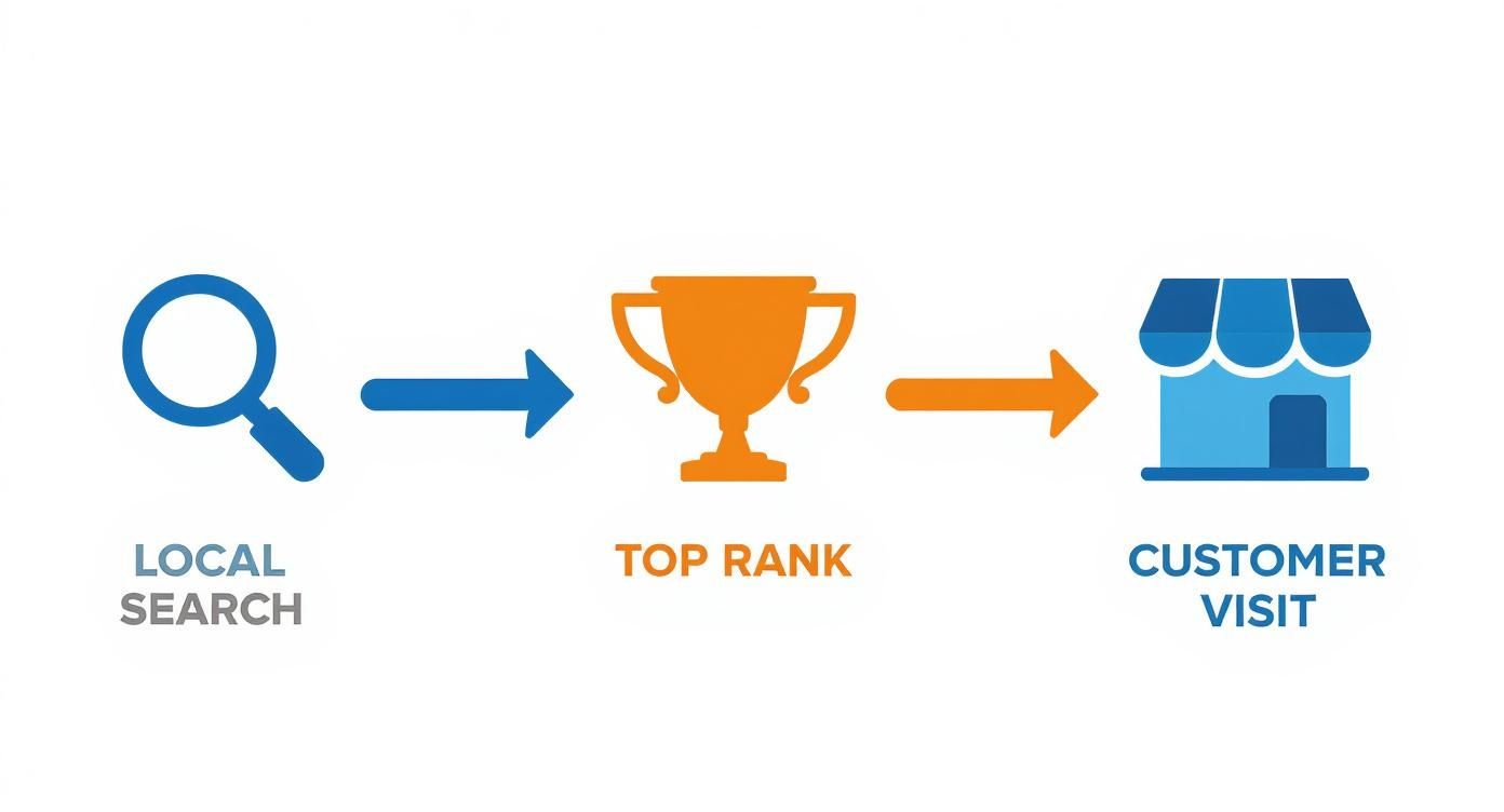 Infographic showing the process flow of local SEO, starting with a local search, leading to a top ranking, and resulting in a customer visit.