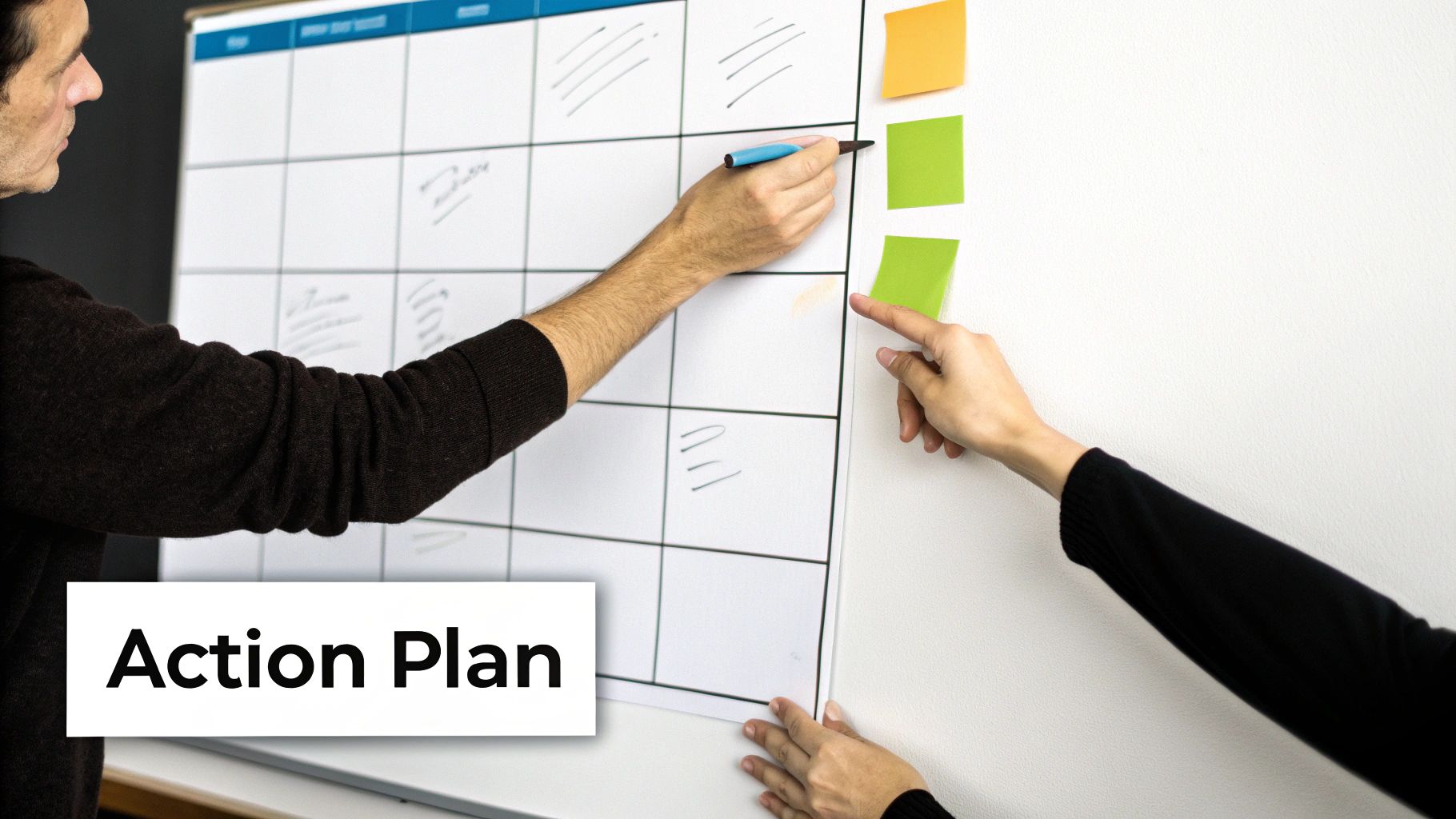 A person pointing at charts and data on a screen, representing turning data into action.