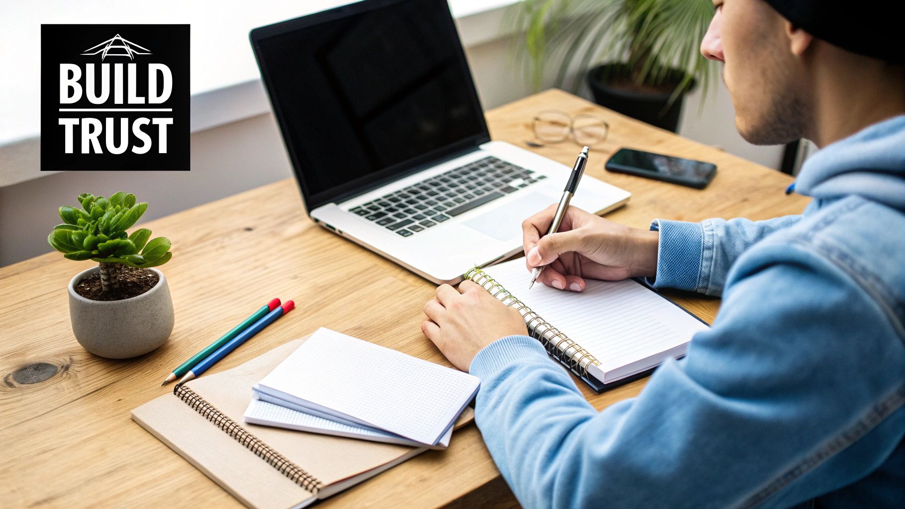 A group of people collaborating on content ideas around a table with laptops and notebooks.