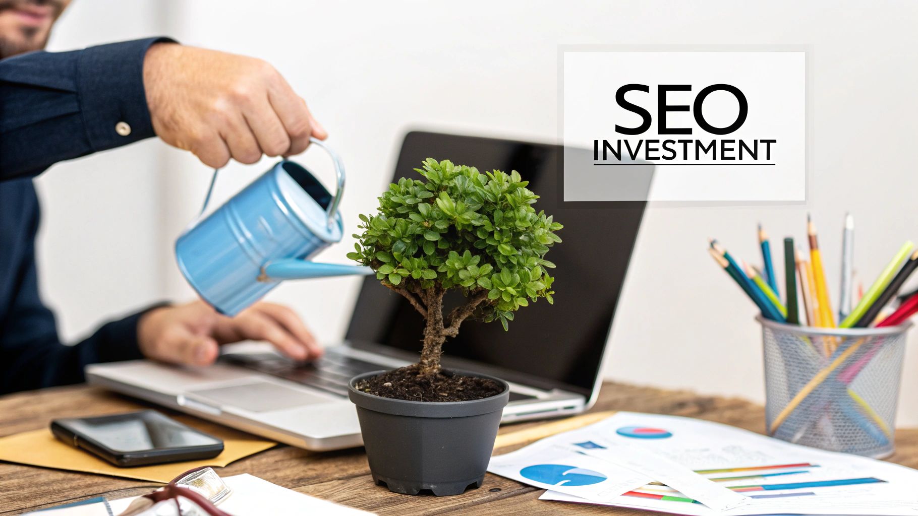 A person working on a laptop with charts and graphs in the background, representing SEO analysis for a small business.