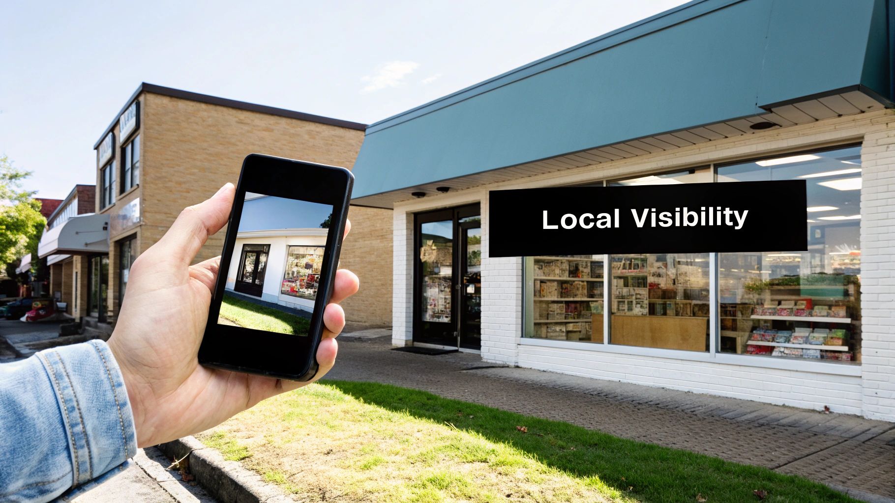 A person using a smartphone to search for local businesses on a map.
