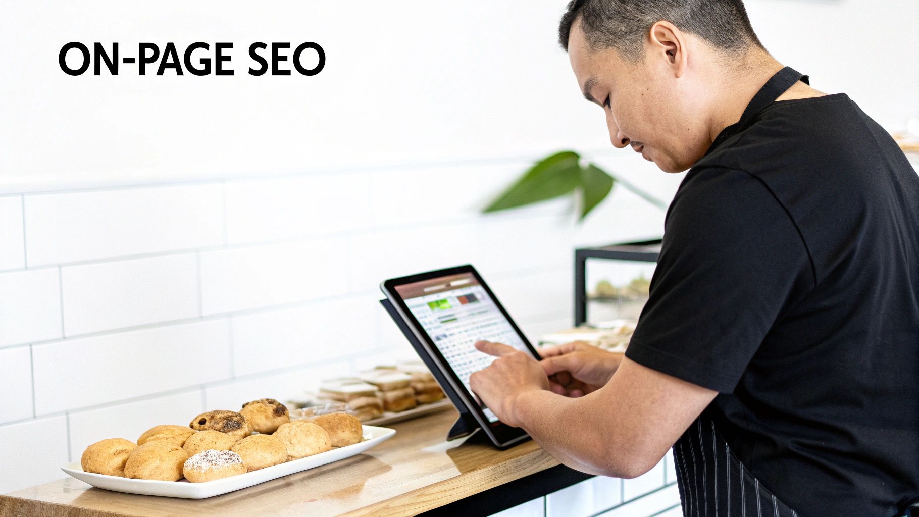 A person working on a laptop with charts and graphs in the background, representing on-page SEO analysis.