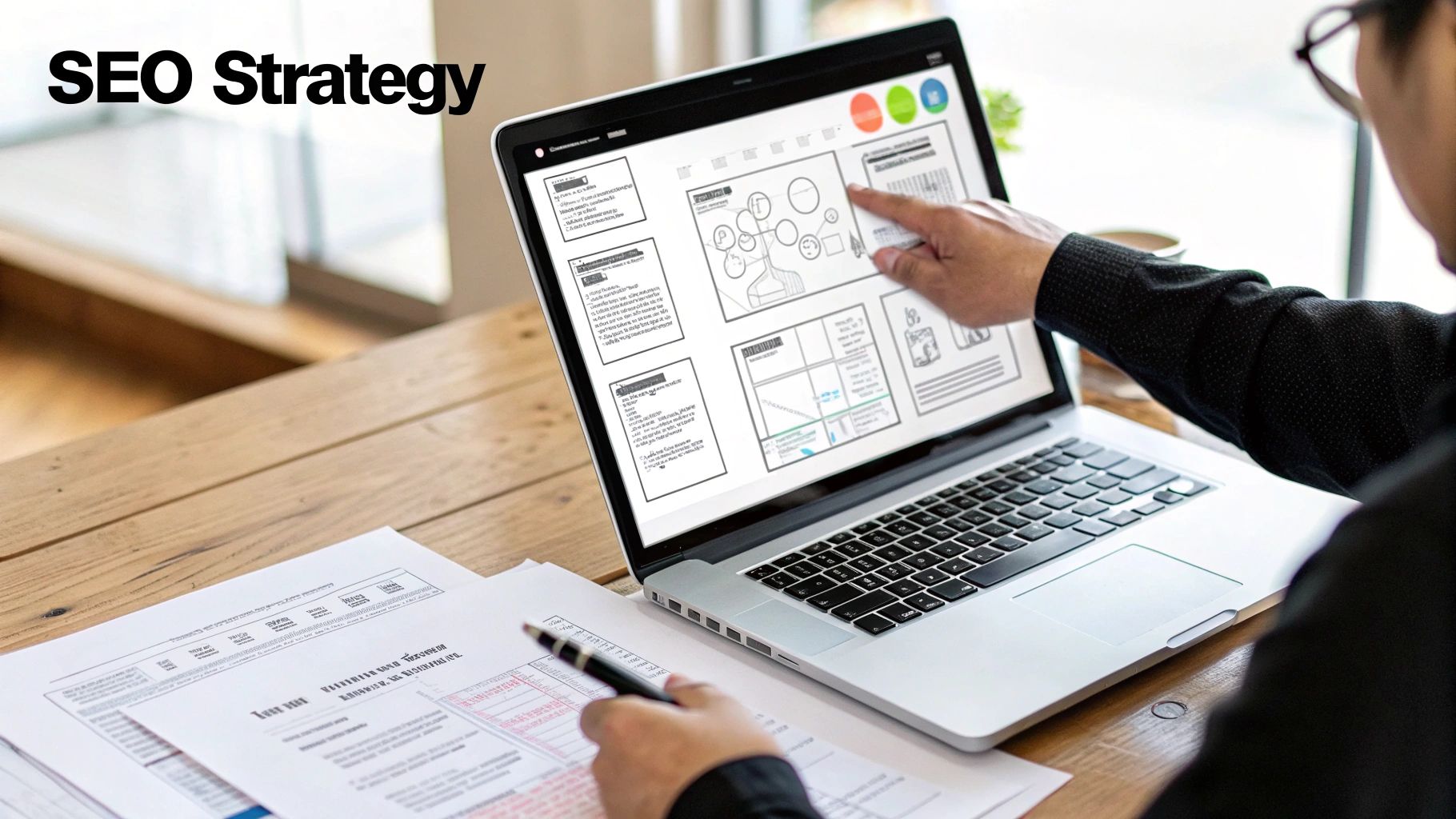 A digital illustration showing the different components of SEO, like technical, on-page, and off-page elements.
