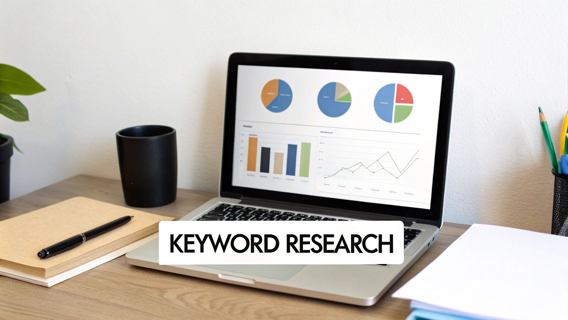 A person working on a laptop with charts and graphs in the background, representing ecommerce marketing strategy.