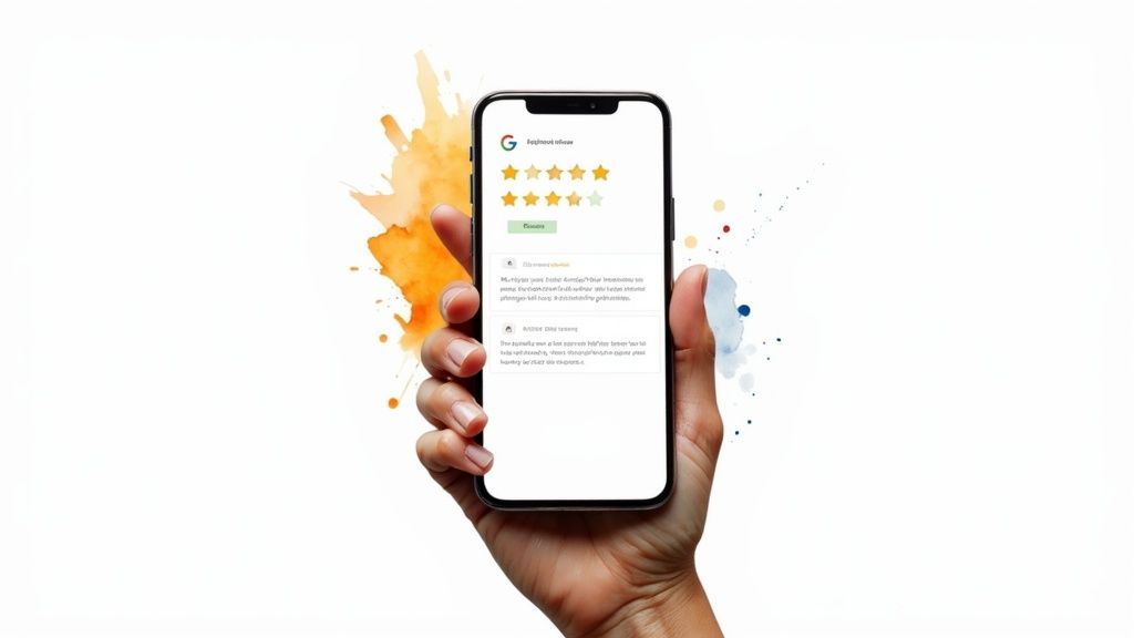 A person pointing at a screen showing five stars, illustrating the concept of online reviews.