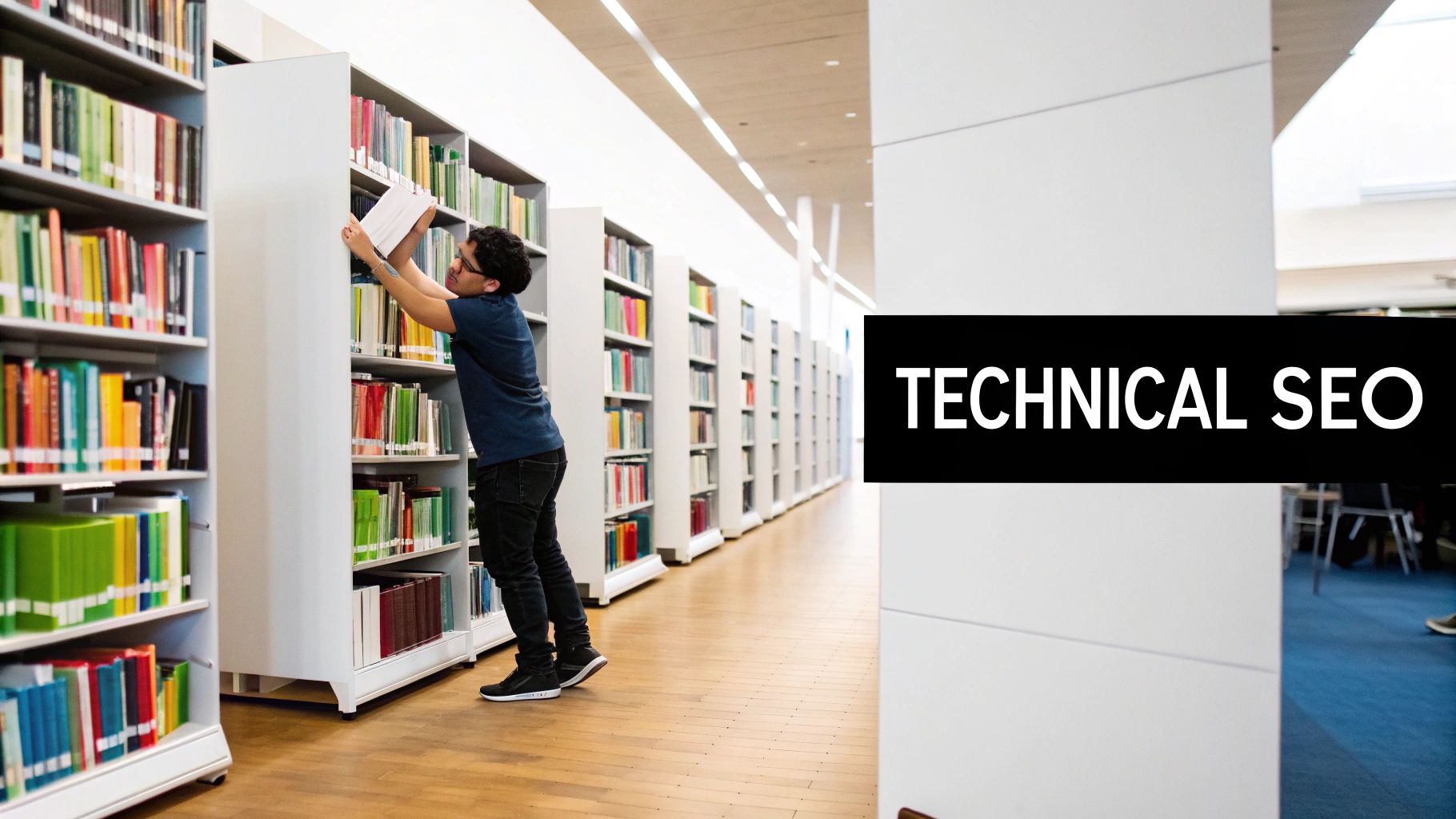 A person examining the gears and mechanics of a website's structure, illustrating the concept of technical SEO