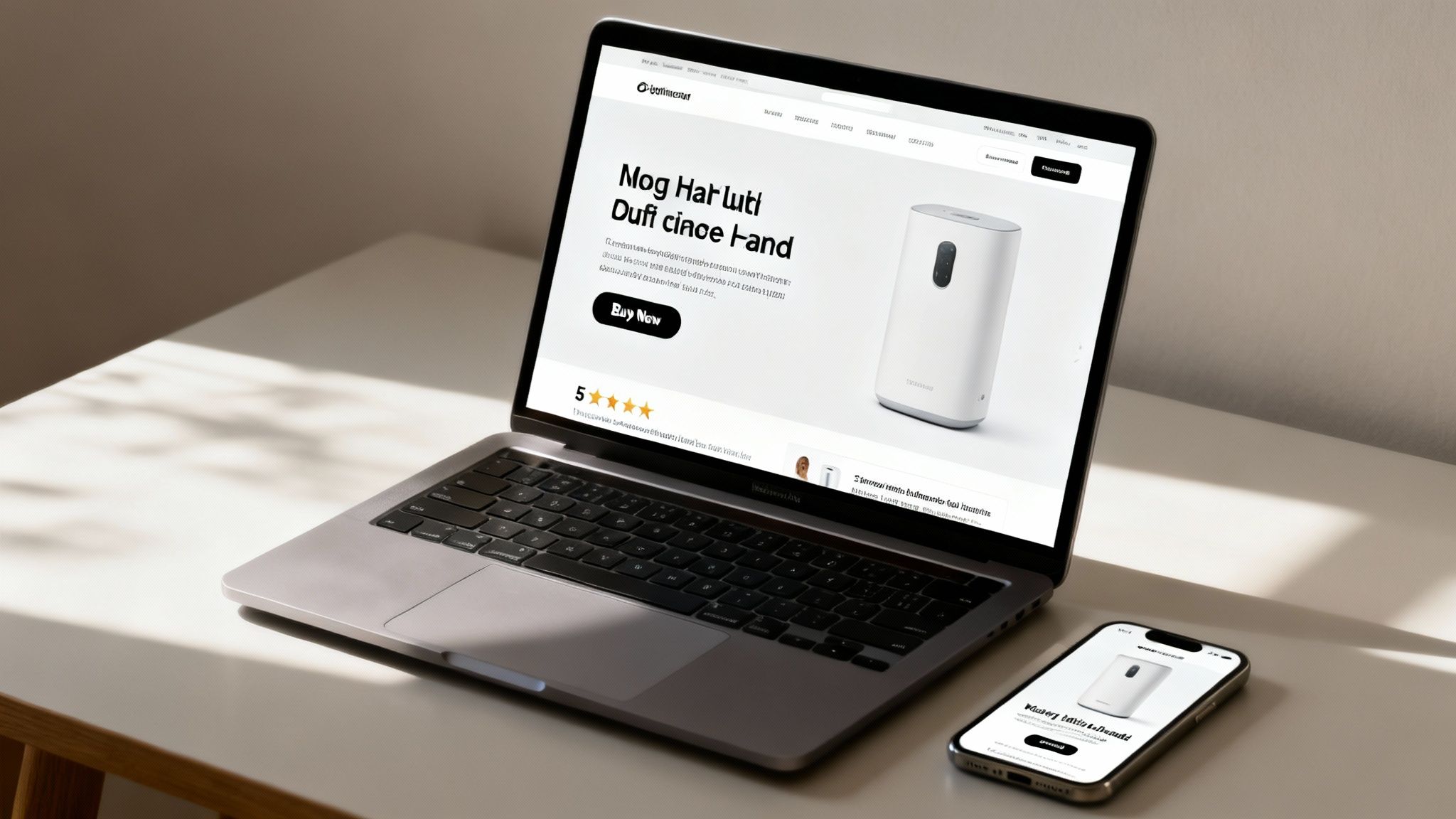 A laptop and smartphone showcase an e-commerce product page for a modern white device.