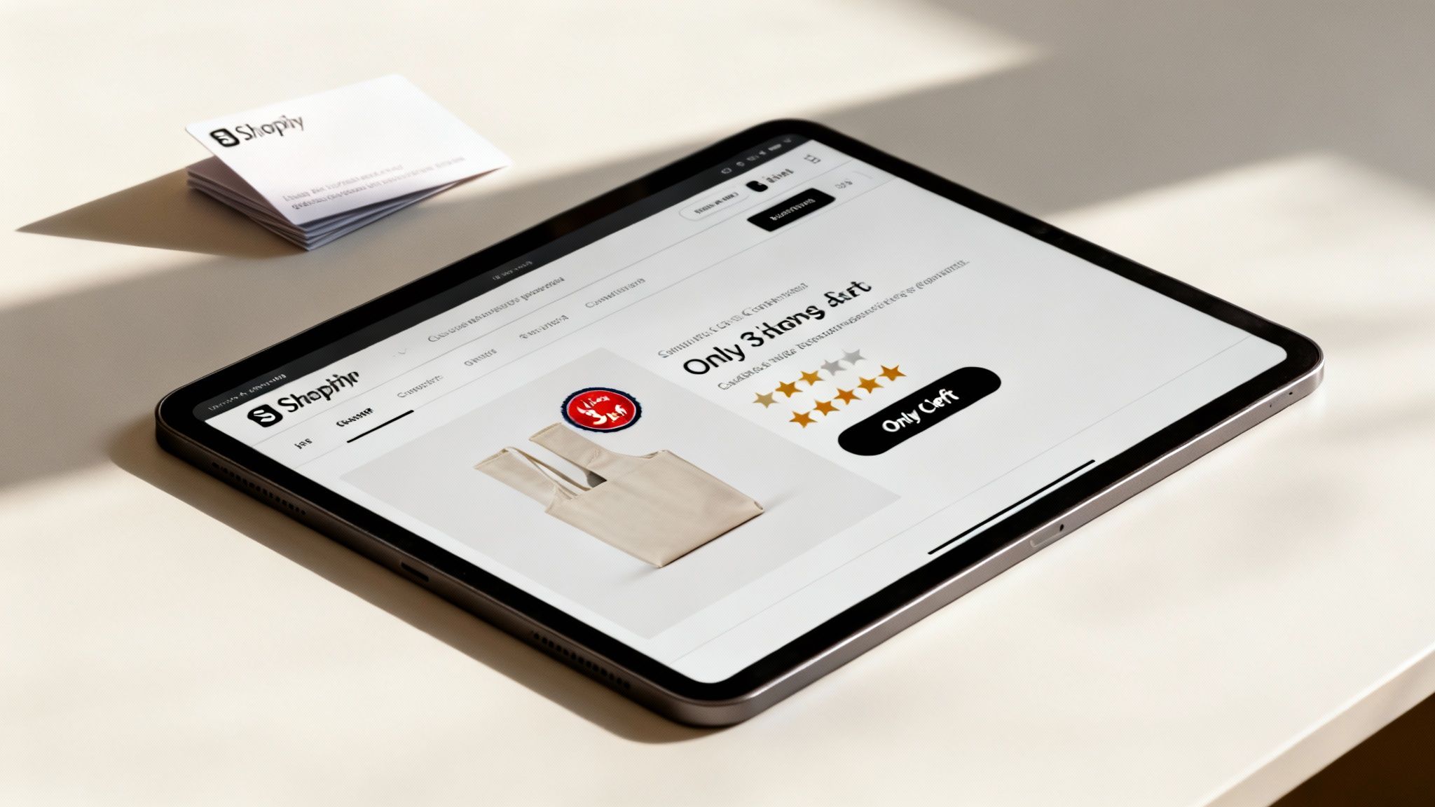 A Shopify product page on an iPad displaying a beige tote bag, next to Shopify business cards.