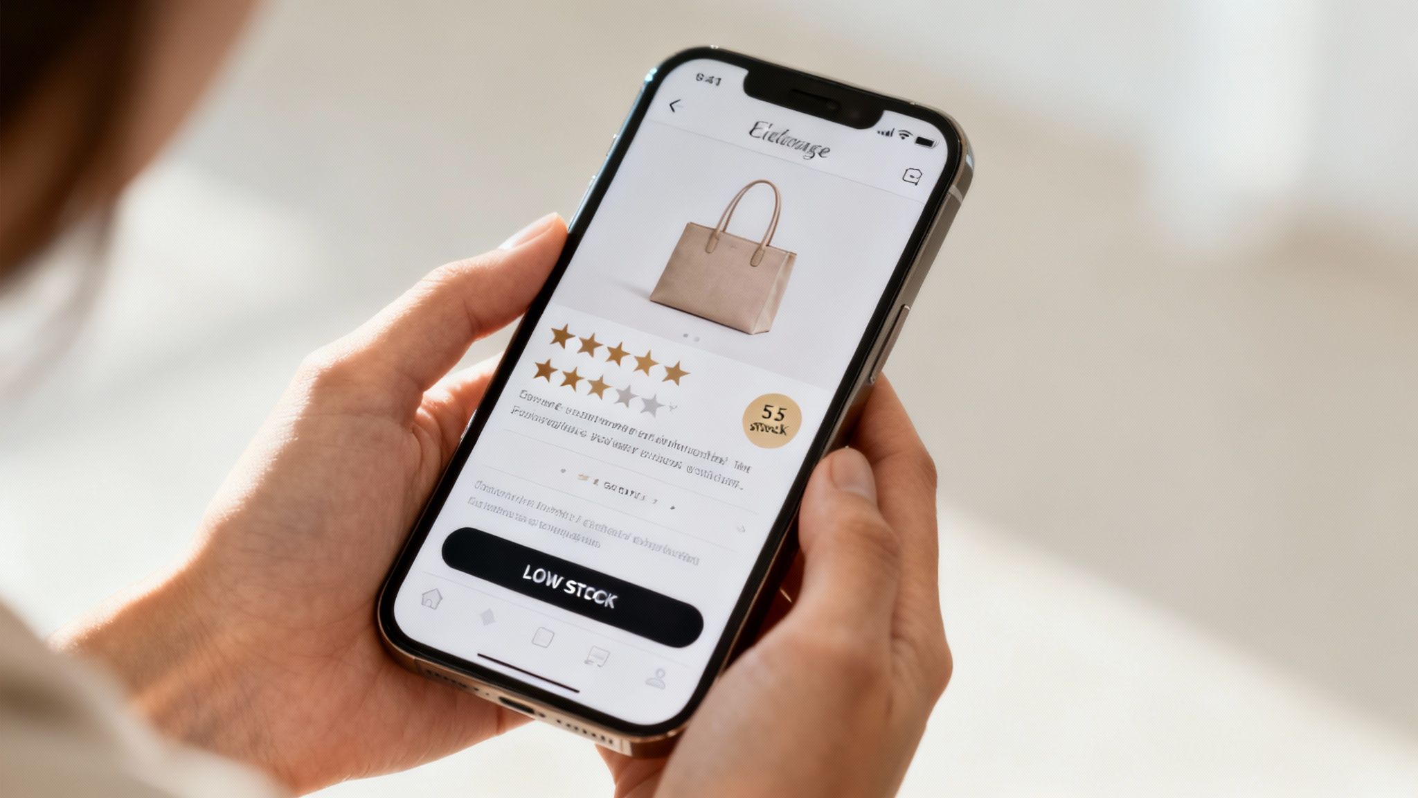 Person holding smartphone showing an e-commerce app with a beige handbag, product details, and 'low stock' message.