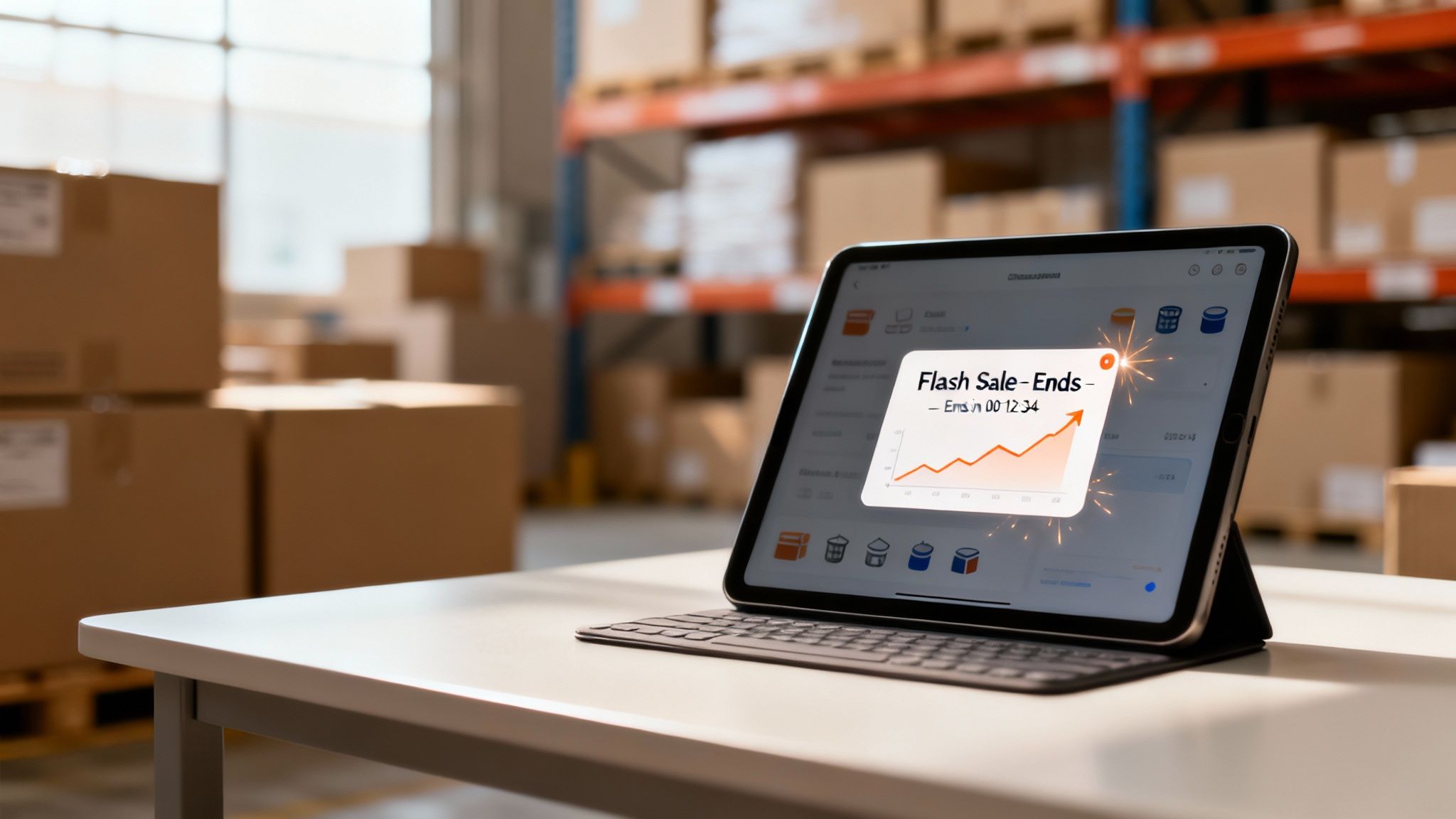 A tablet in a warehouse displays a flash sale notification with an upward sales trend graph.