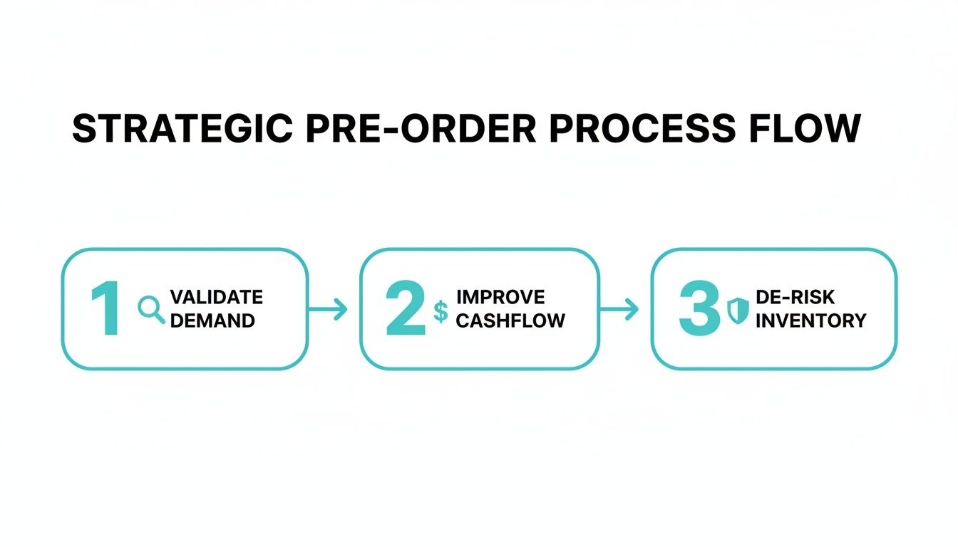 Strategic pre-order process flow diagram with three steps: validate demand, improve cashflow, and de-risk inventory.