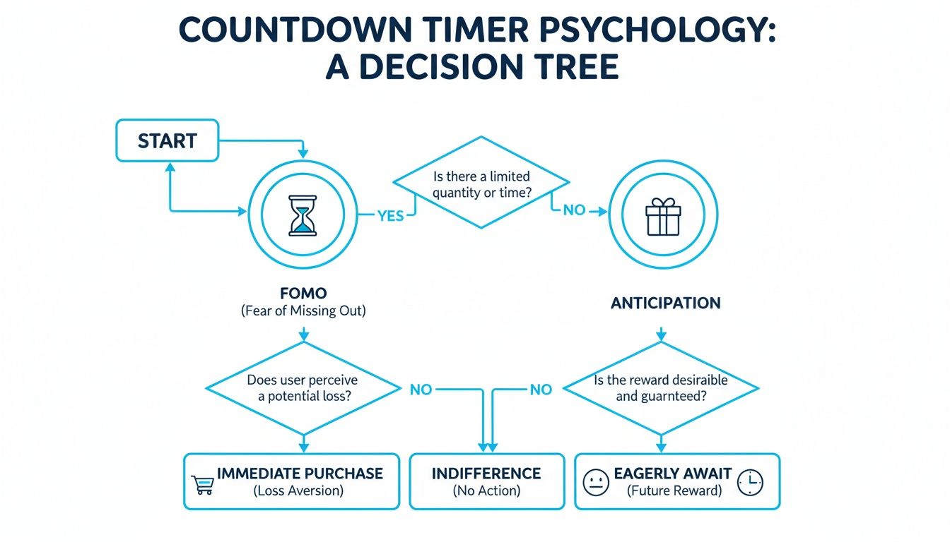 Flowchart explaining the psychology of countdown timers, leading to FOMO, anticipation, and purchase decisions.