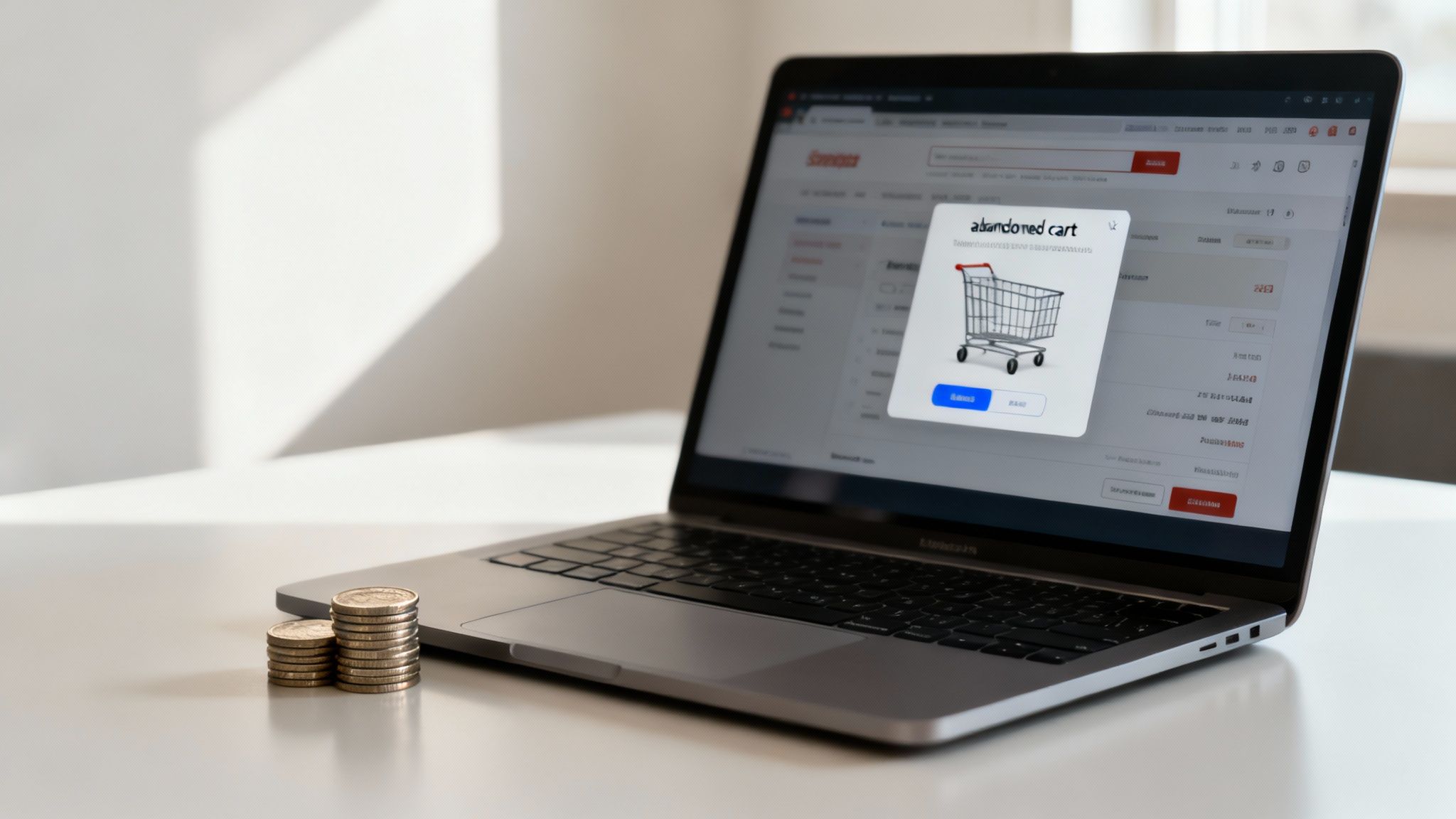 Woman looking thoughtfully at a laptop screen, considering an online purchase.