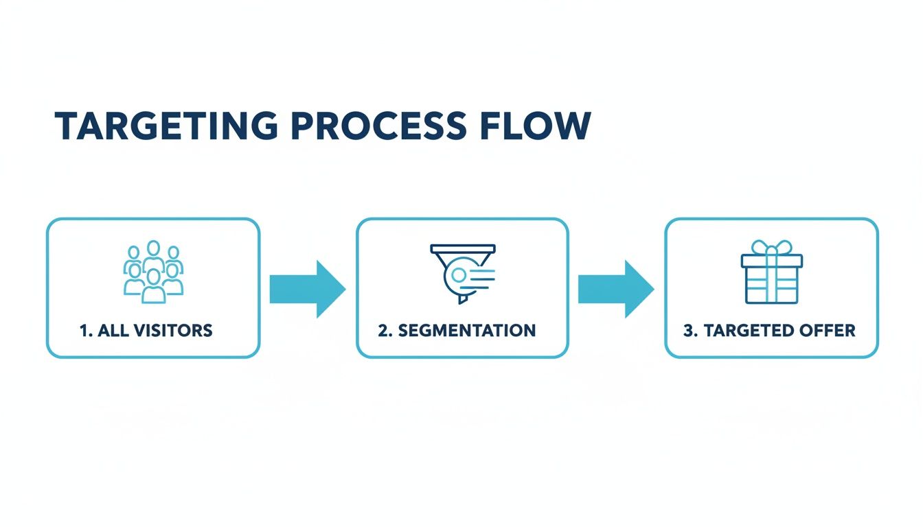 Diagram illustrating a three-step targeting process flow: All Visitors, Segmentation, and Targeted Offer.