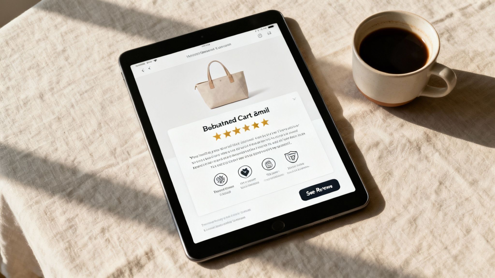 Tablet displaying abandoned cart email with product image, star rating, and call-to-action button beside coffee cup