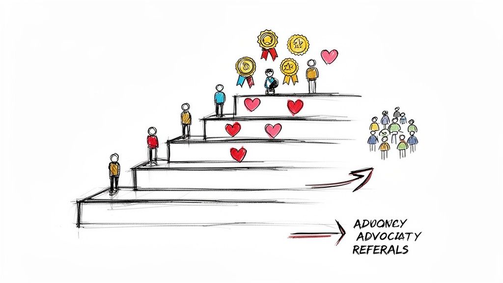 Customer loyalty ladder showing engagement, satisfaction, rewards, and the path to advocacy and referrals.