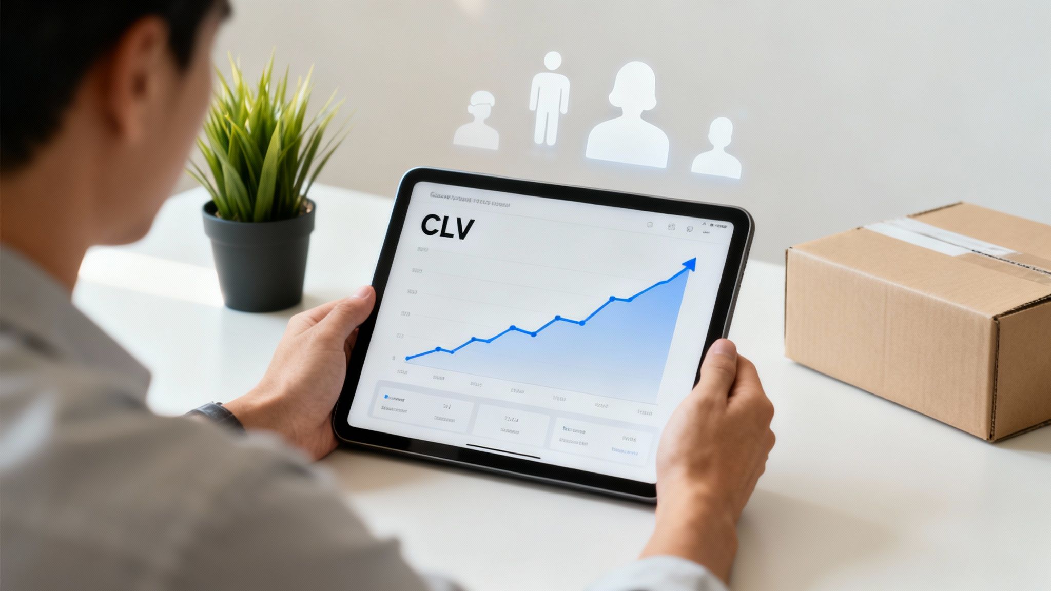 A person holds a tablet displaying an increasing Customer Lifetime Value (CLV) graph, with customer icons.