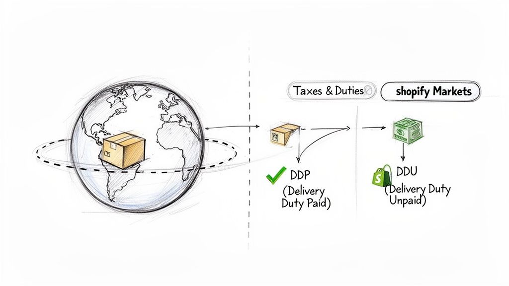 Diagram illustrating global shipping options: DDP (Delivery Duty Paid) for taxes and duties, and DDU (Delivery Duty Unpaid) with Shopify Markets.
