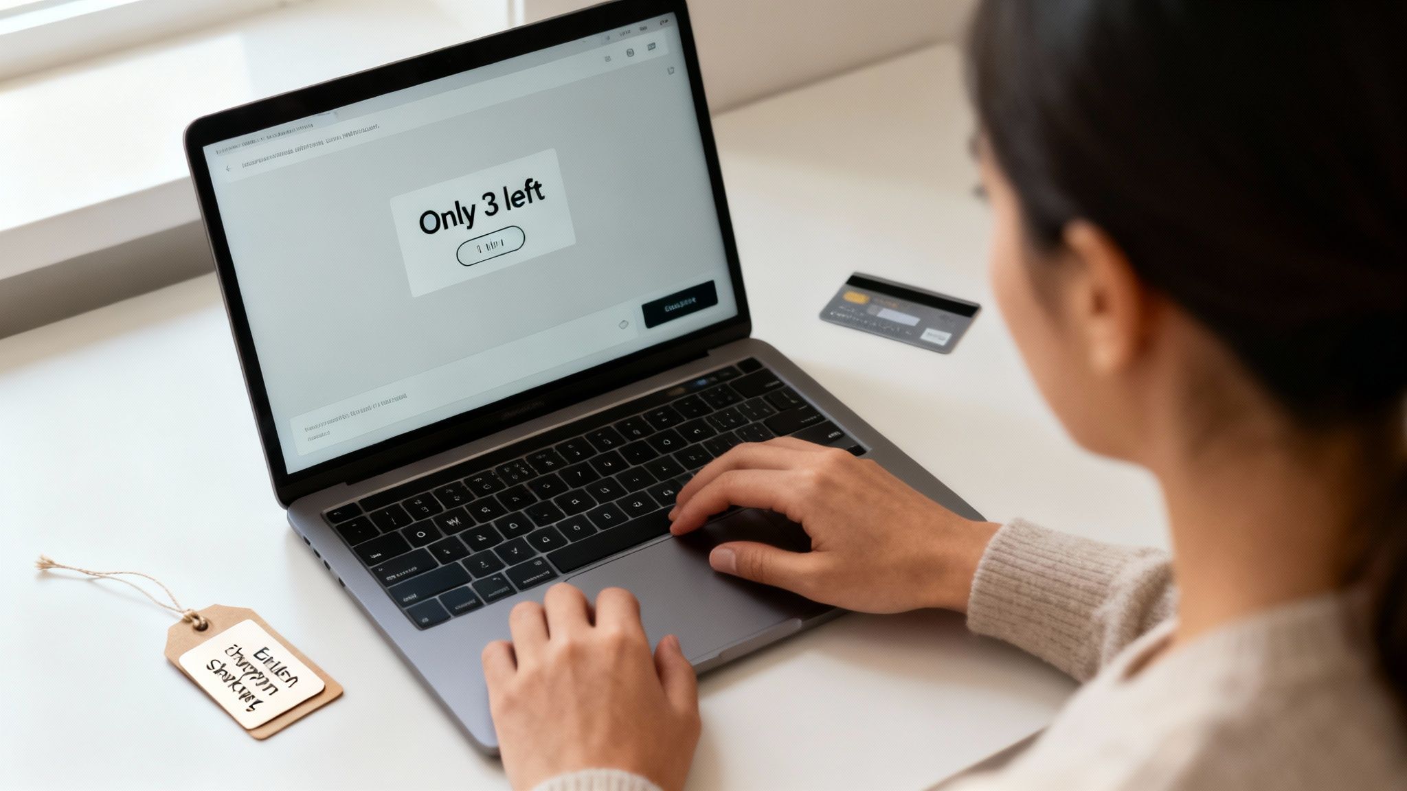 A person shops online on a laptop, viewing 'Only 3 left', with a credit card and shopping tag nearby.