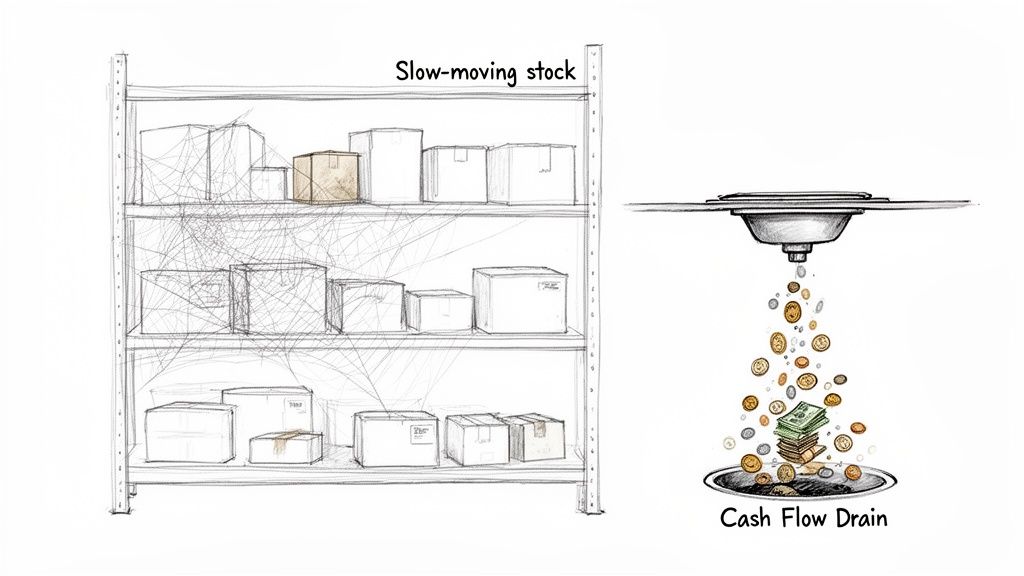 Illustration showing slow-moving inventory on shelves covered in cobwebs, symbolizing a cash flow drain.