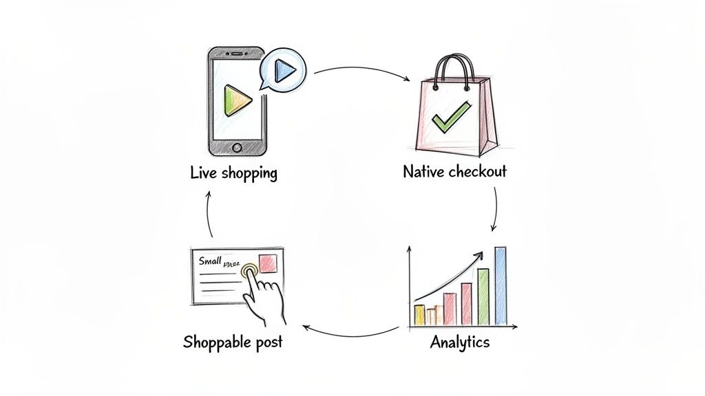 Diagram illustrating the social commerce cycle: live shopping, native checkout, analytics, and shoppable posts.