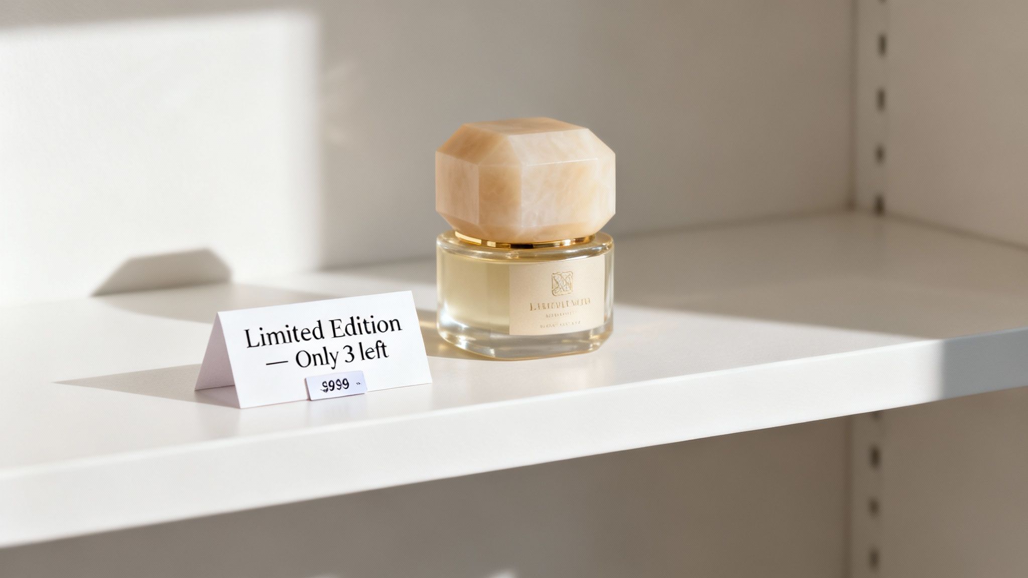 A luxurious perfume bottle with a faceted cap on a white shelf, next to a “Limited Edition - Only 3 left” price tag with $999.