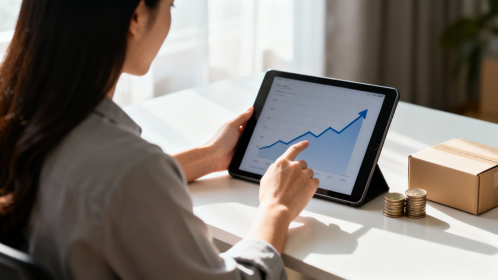 A person analyzes a rising graph on a tablet, with coins and a box nearby, symbolizing business growth.