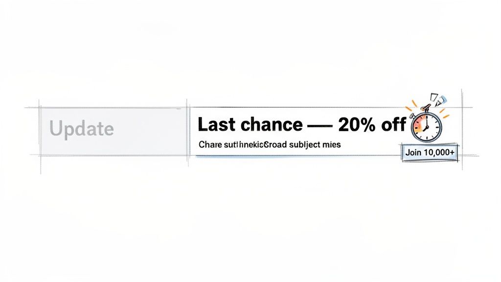 Promotional banner with "Update" text, "Last chance - 20% off", a timer icon, and a "Join 10,000+" button.