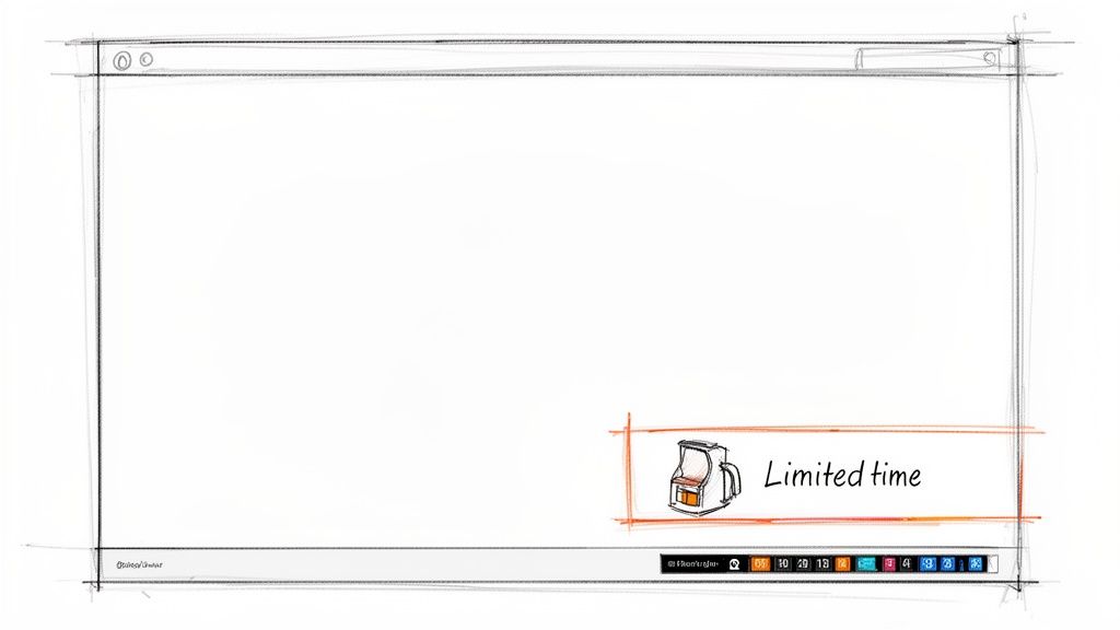 A hand-drawn sketch of a web browser window displaying a 'Limited time' offer with an arcade machine icon.