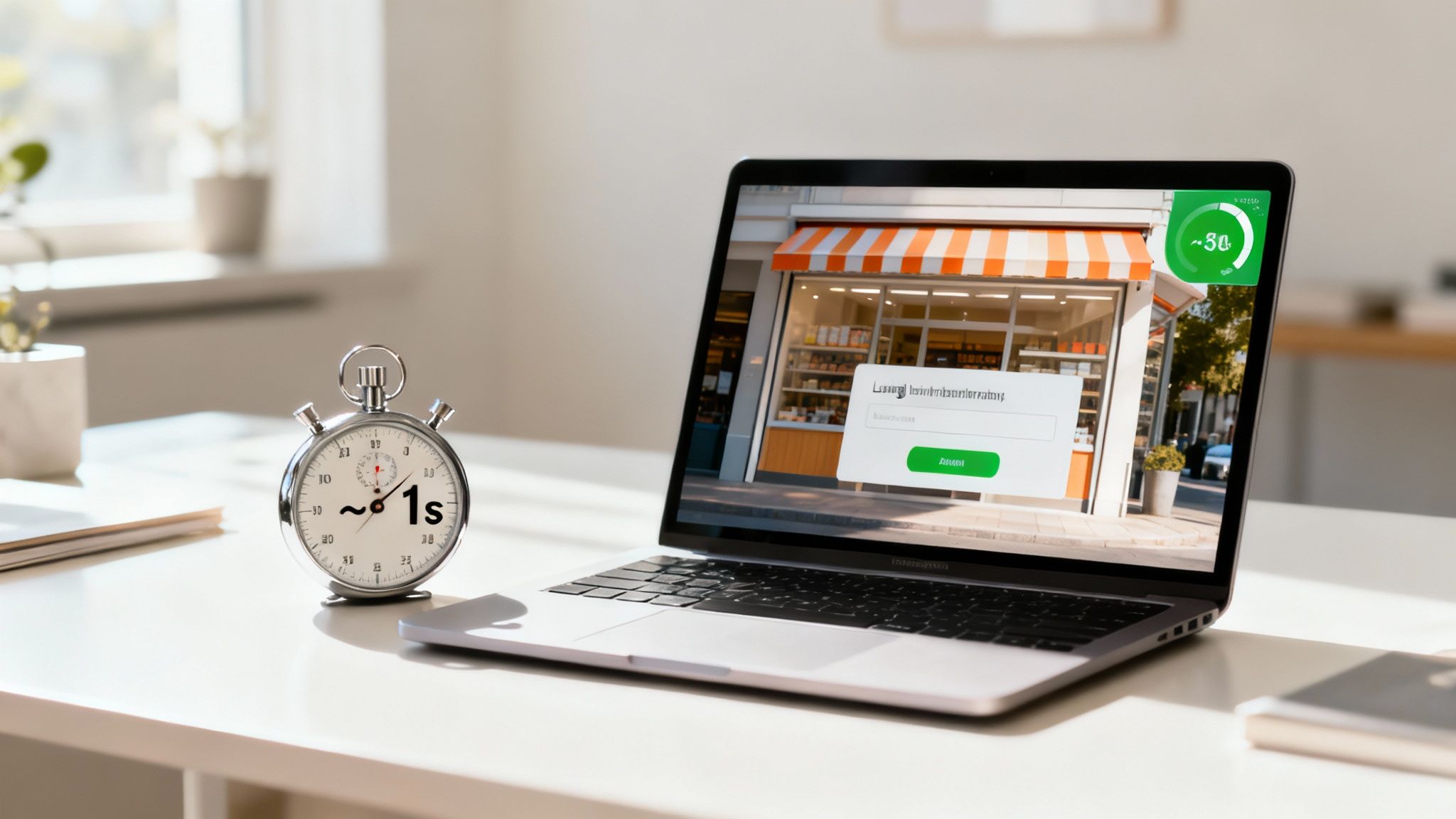 A website's performance dashboard is shown on a tablet, with speed and conversion metrics highlighted.