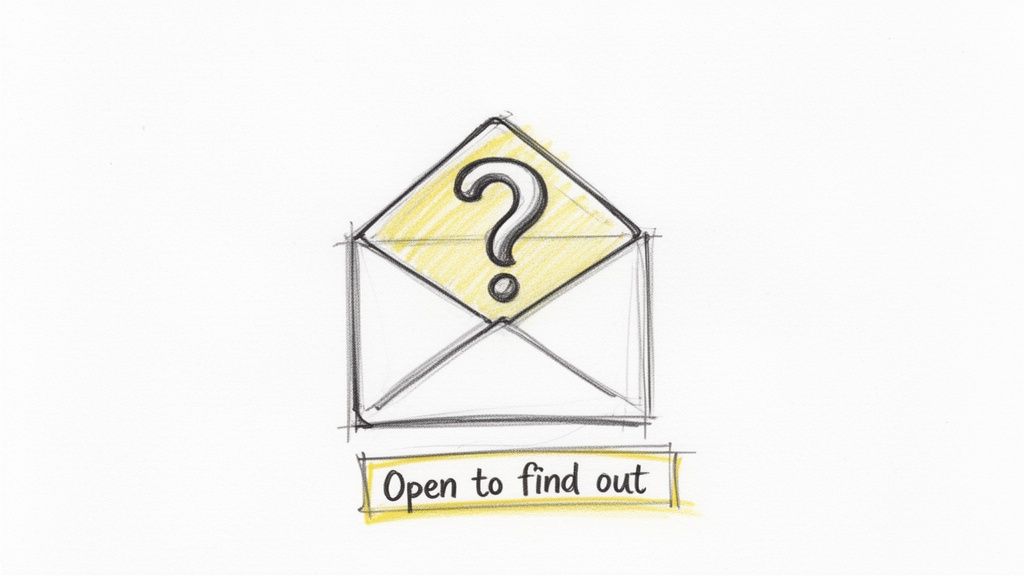 A hand-drawn sketch of an open envelope with a question mark inside, saying 'Open to find out'.